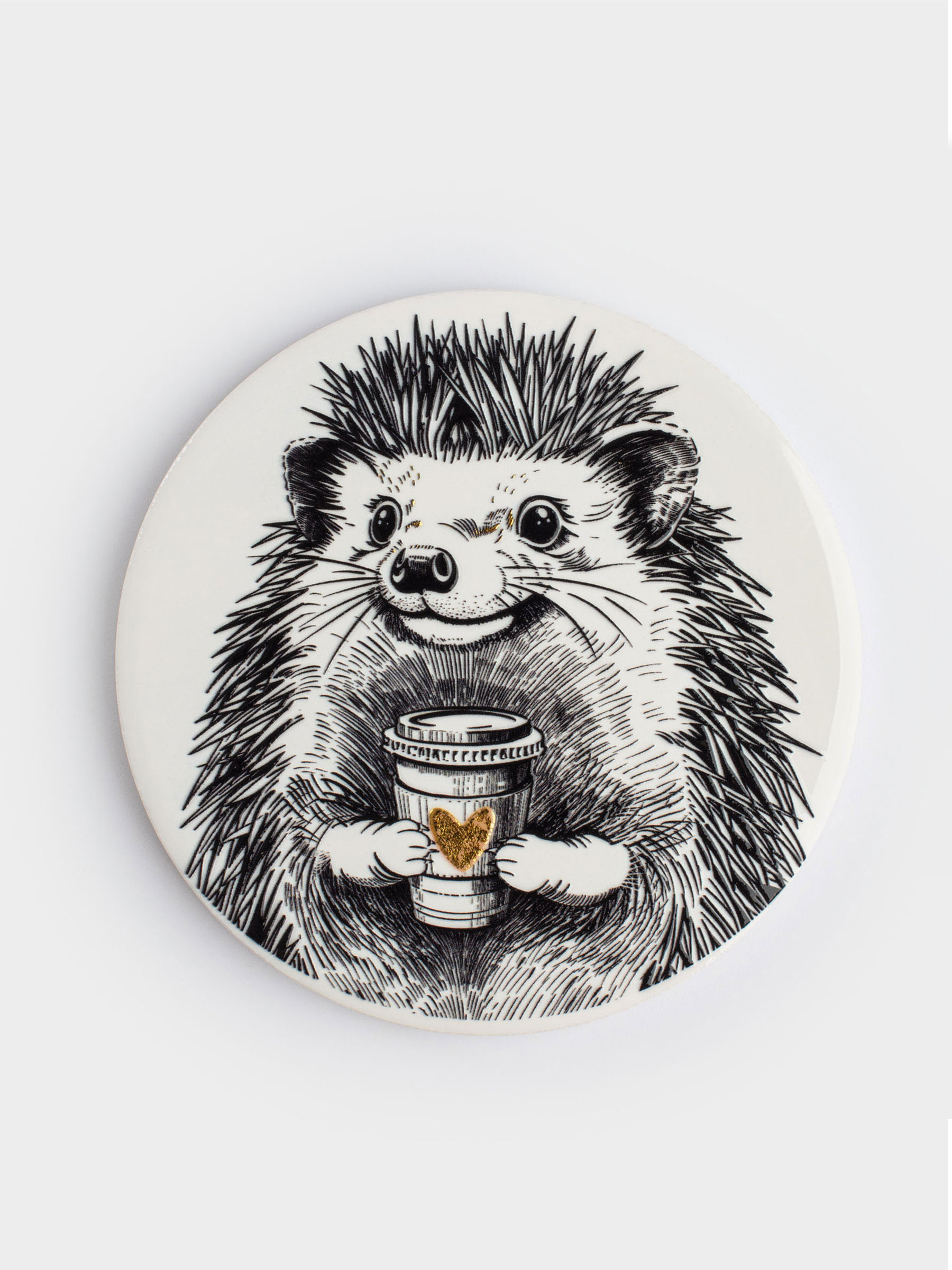 Подставка под кружку, 11 см, круглая, керамика/пробка, белая, Еж с кофе, Forest animals, image-0