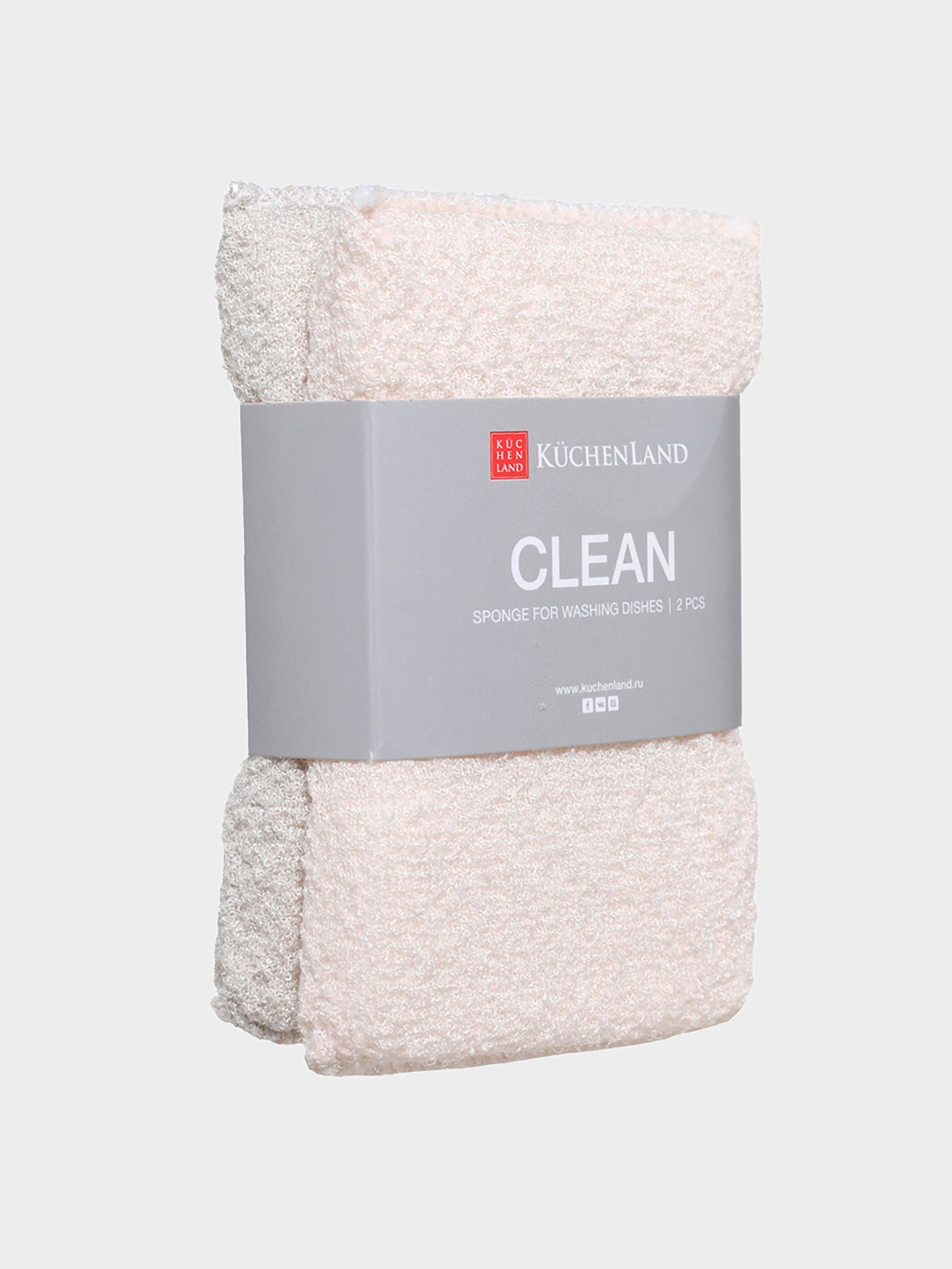 Губка для мытья посуды, 14х9 см, 2 шт, микрофибра/поролон, бежевая, Clean, image-2