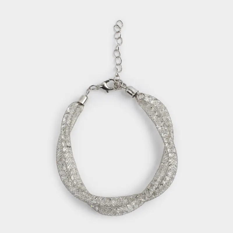 Браслет, 24 см, двойной, металл/стразы, серебристый, Плетение, Jewelry ,image-0