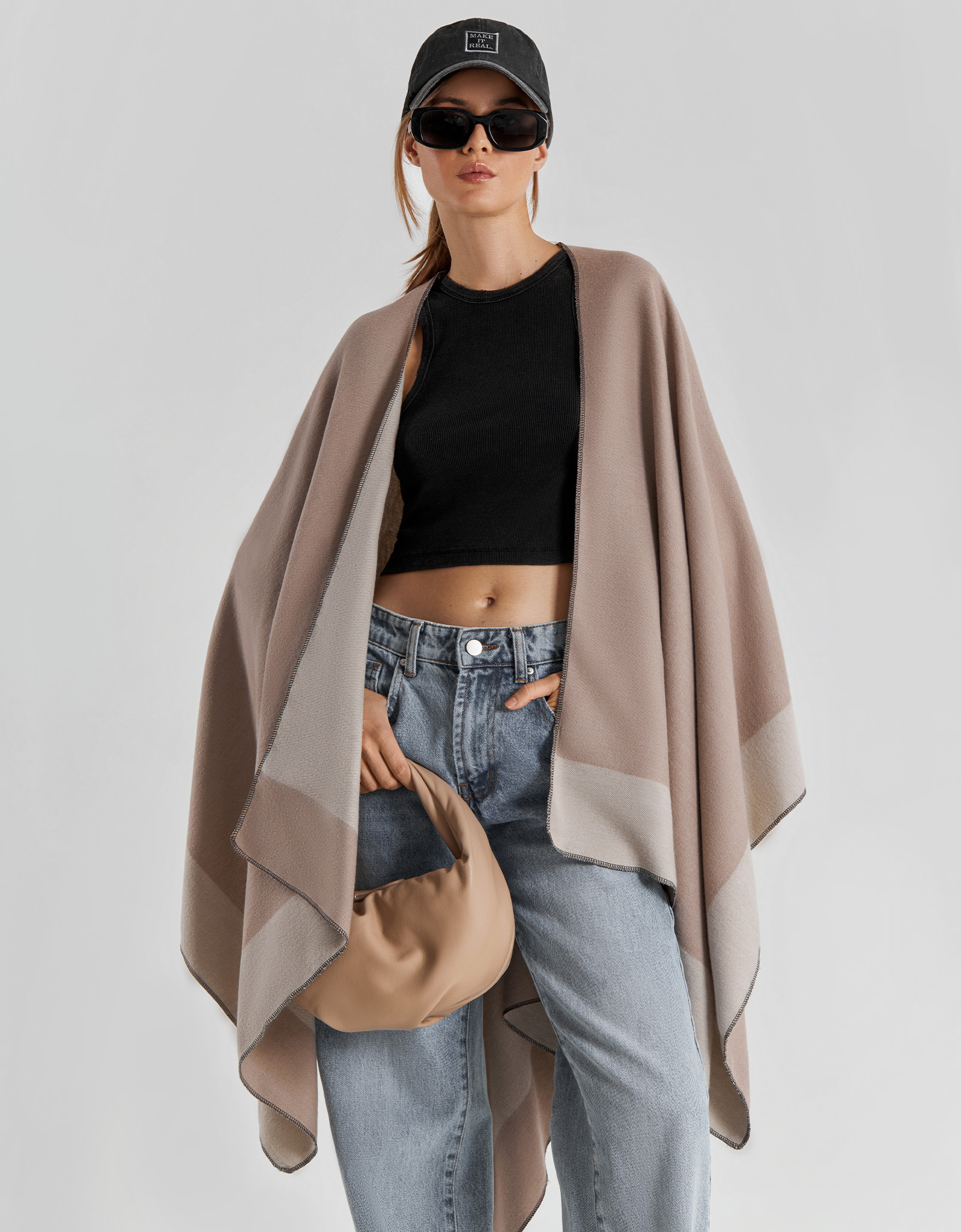 Пончо, 160х135 см, полиэстер/вискоза, бежевое, Полосы, Poncho, image-6