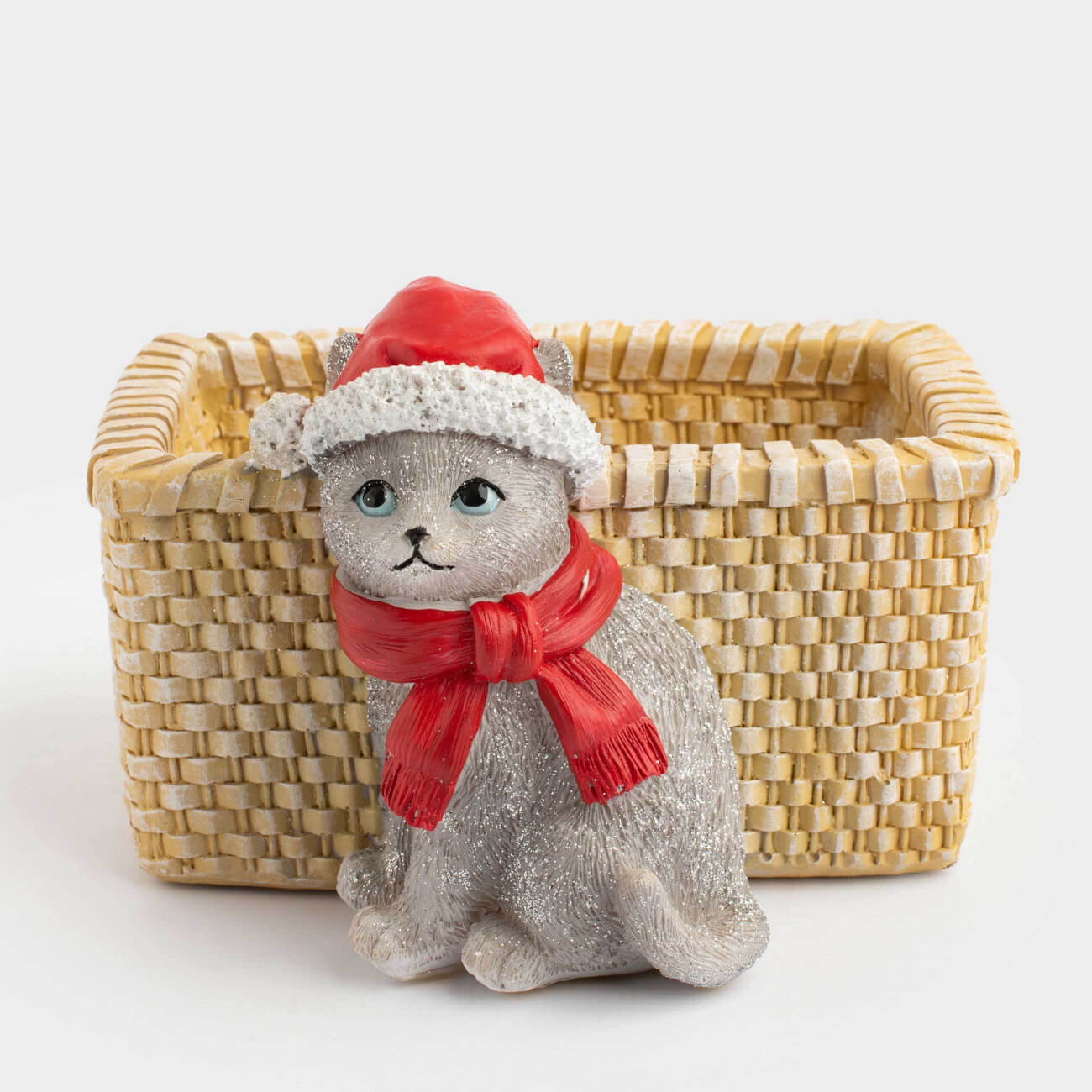 Конфетница, 18х13 см, полирезин, бежевая, Кот с корзиной, Christmas cat, image-0