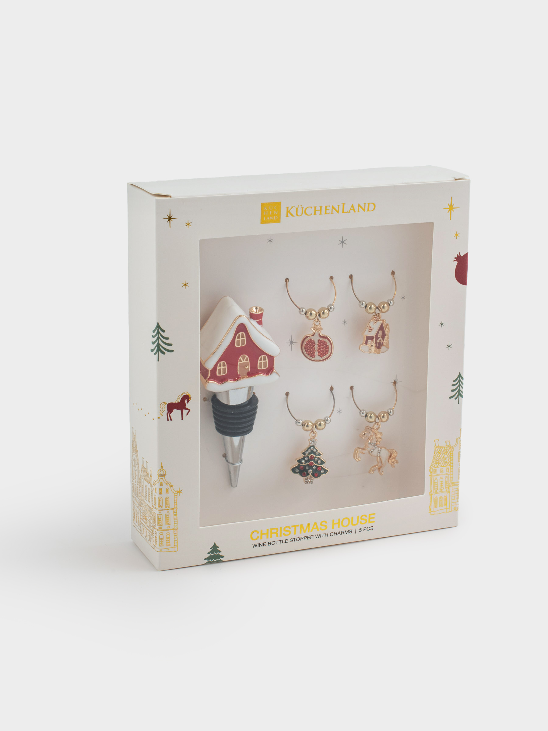 Пробка для винной бутылки с подвесками, 5 пр, металл/стразы, Домик, Christmas house, image-5
