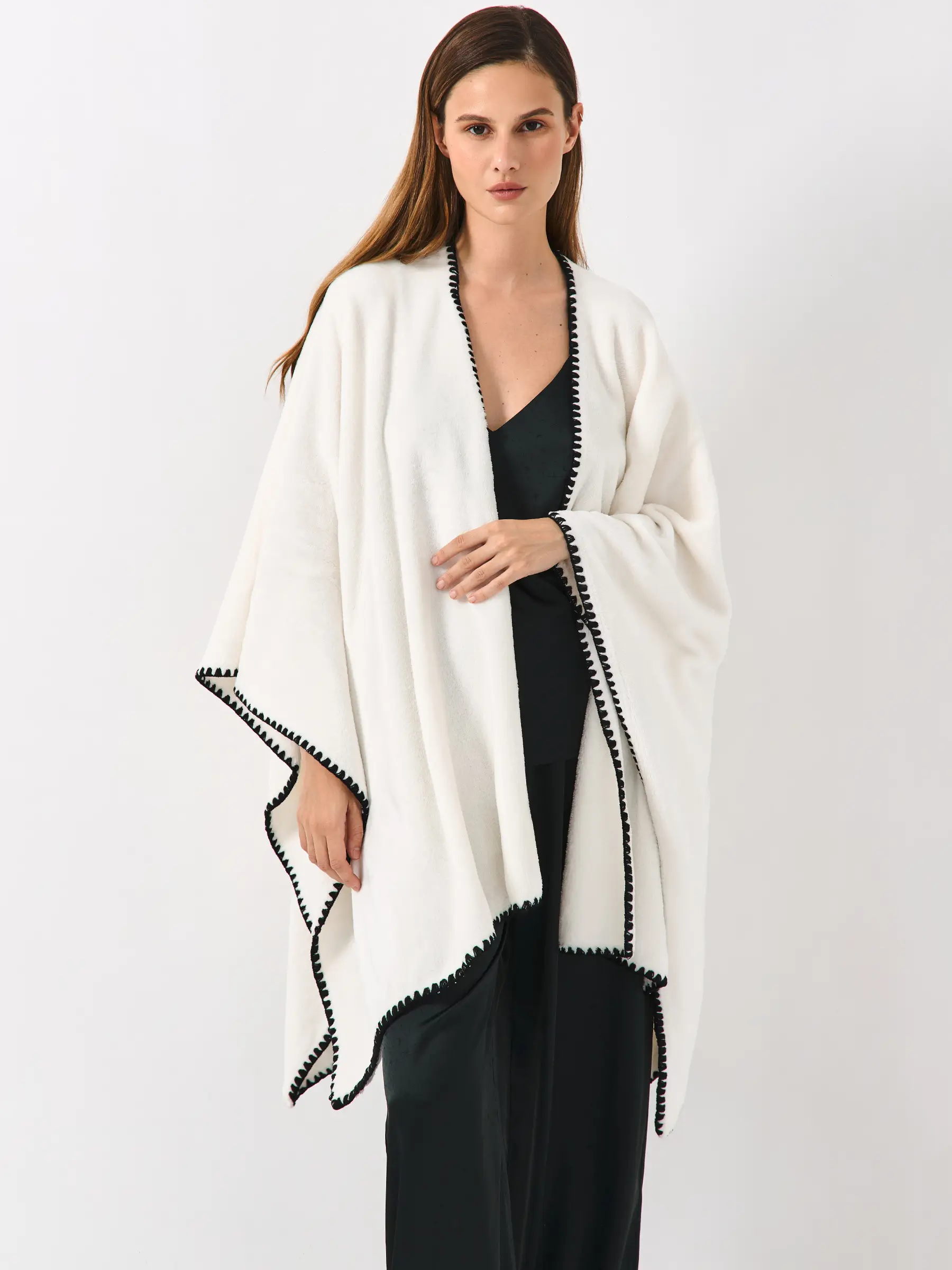 Пончо, 75х140 см, жүн, құм сұр, Абстракция, Fleece poncho, image-0