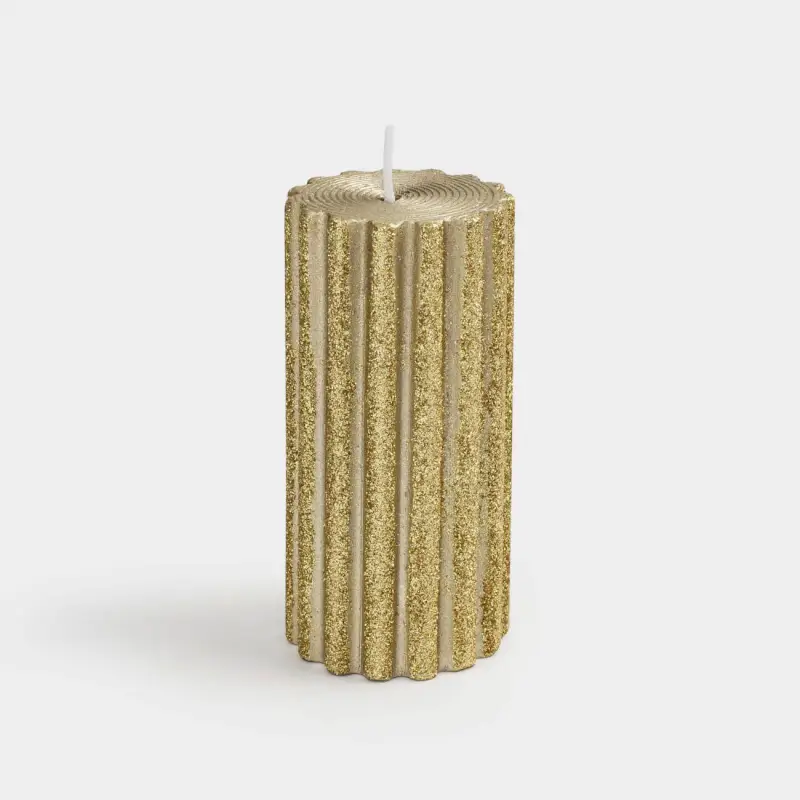 Свеча, 10 см, цилиндрическая, с блестками, золотистая, Ribbed candle, image-0
