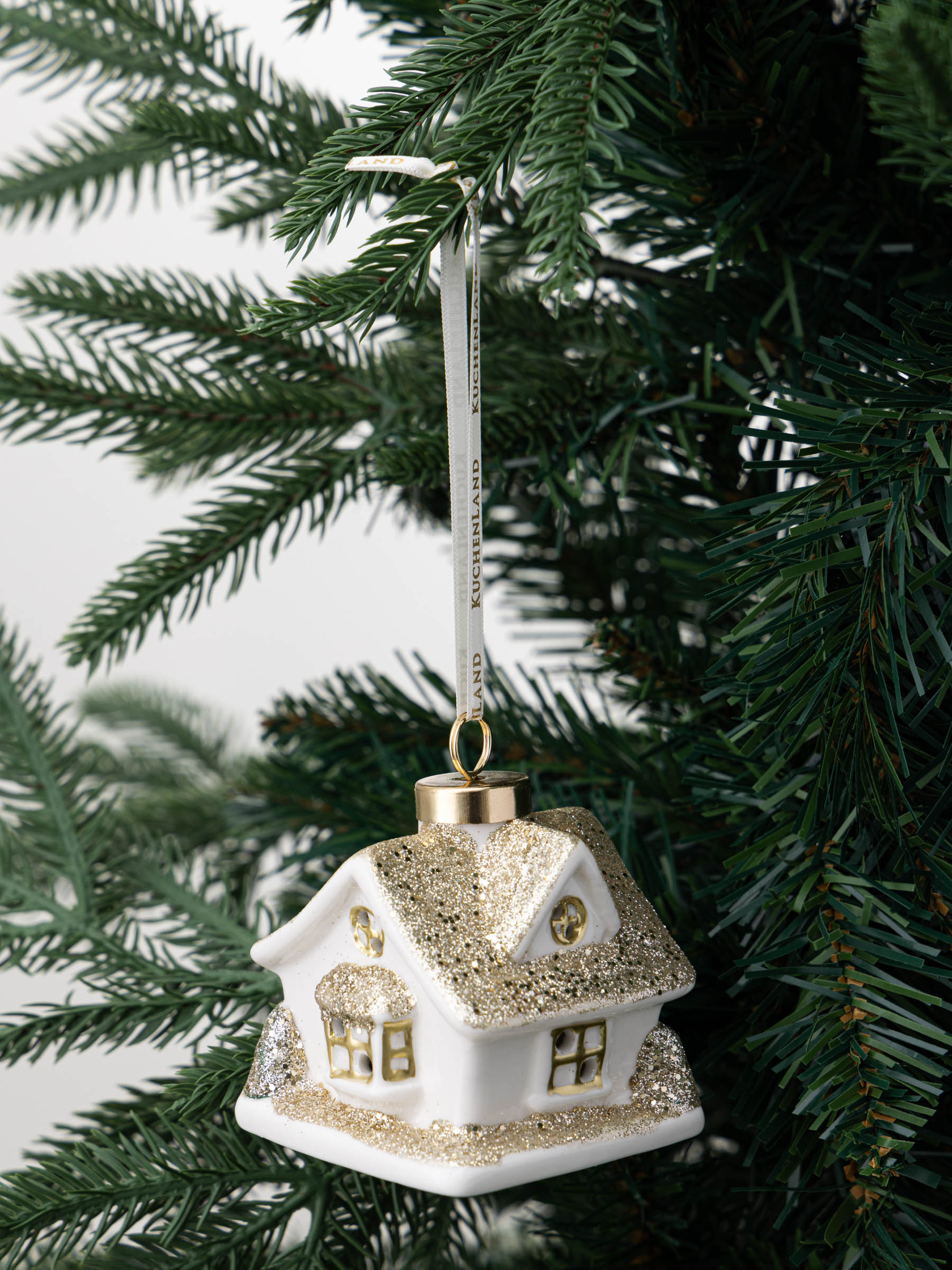 Игрушка елочная, 9 см, с подсветкой, фарфор P, бело-золотистая, Дом, Figure christmas, image-5