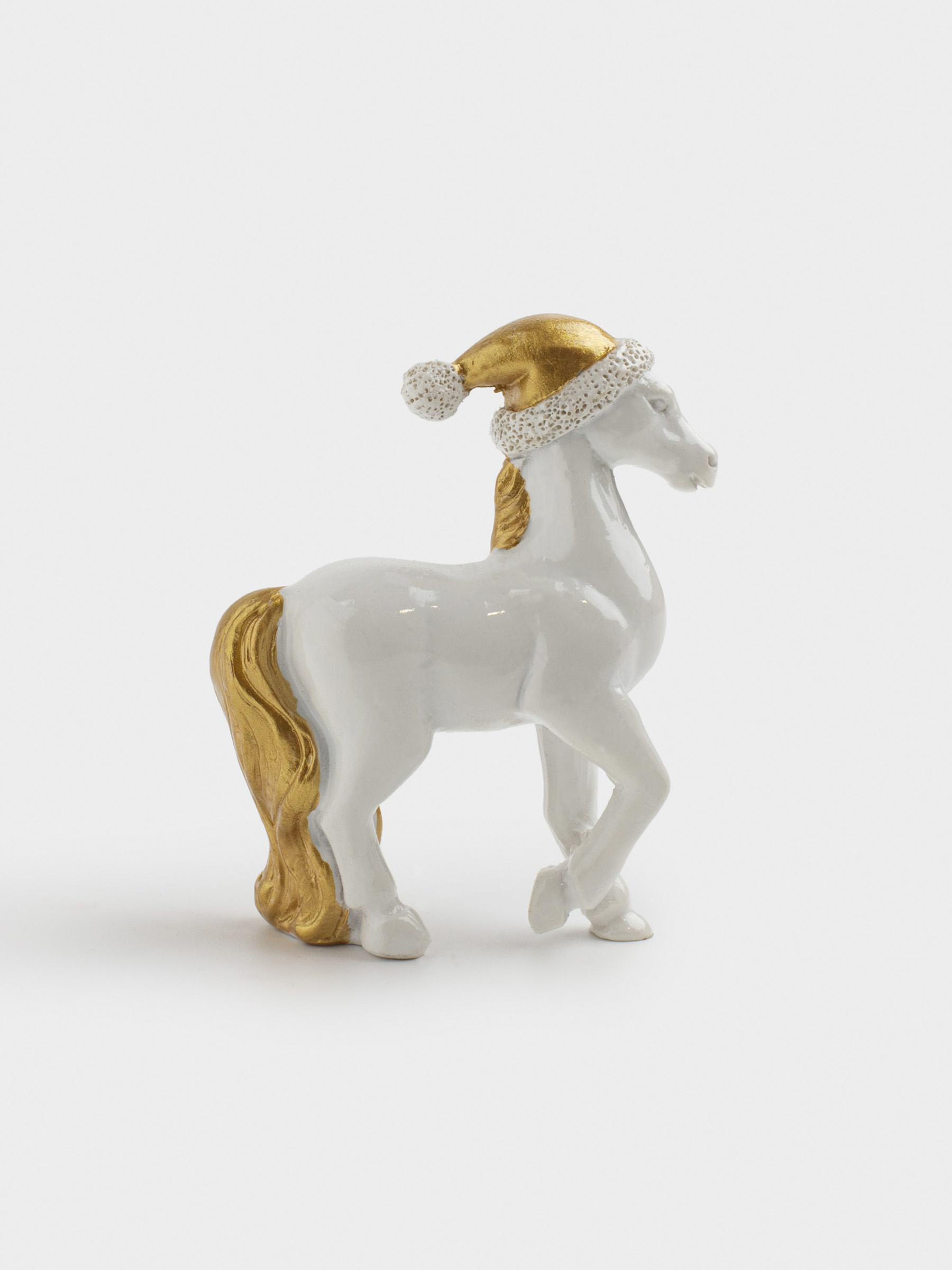 Мүсінше, 8 см, полирезин, алтын түстес ақ, Қалпақ киген жылқы, Horse white, image-0