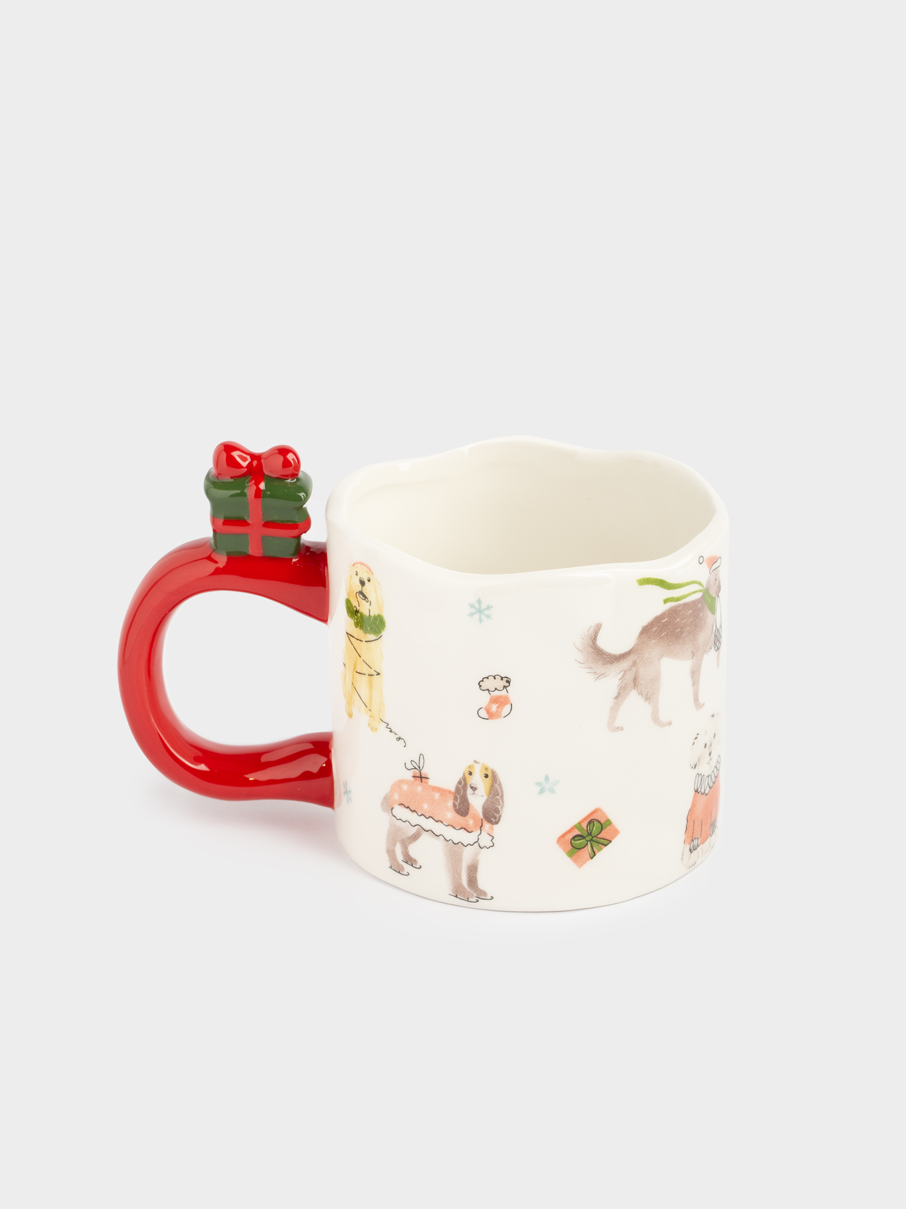 Кружка, 370 мл, керамика, молочно-красная, Собаки с подарками, Christmas dog, image-1