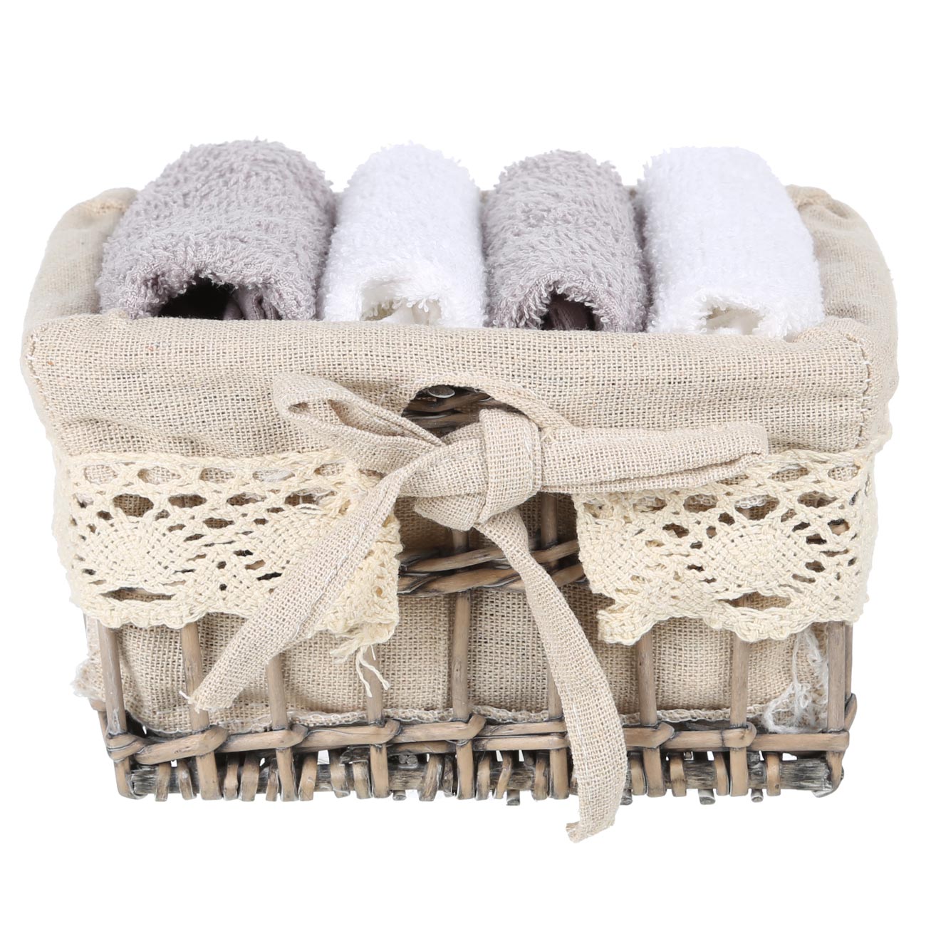 Полотенце, 30х30 см, 4 шт, в корзине, хлопок/дерево, белое/серое, Basket towel, image-0