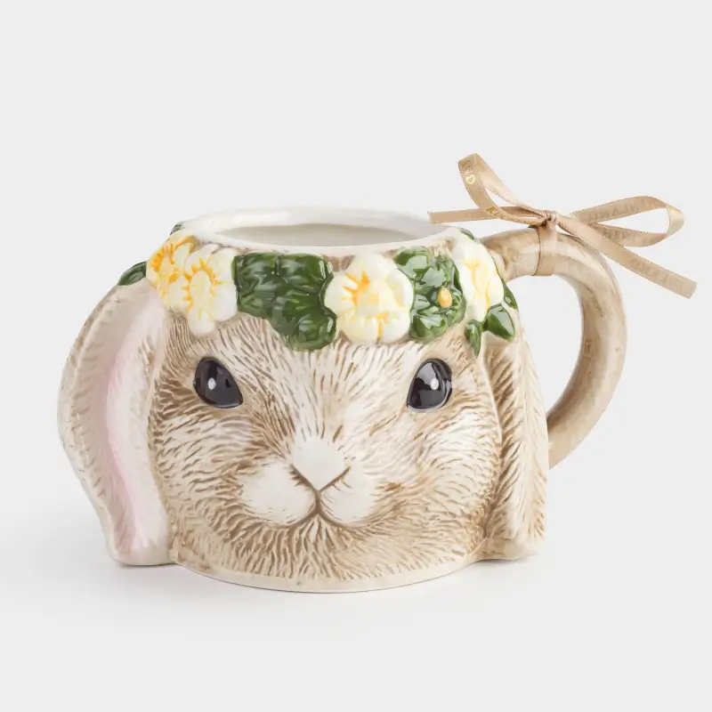 Кружка, 430 мл, керамика, коричневая, Кролик в цветочном венке, Natural Easter ,image-0