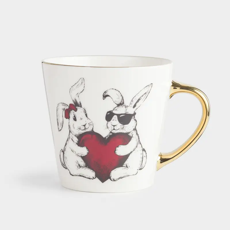 Кружка, 330 мл, фарфор N, бело-золотистая, Кролики и сердце, Rabbit amour ,image-0