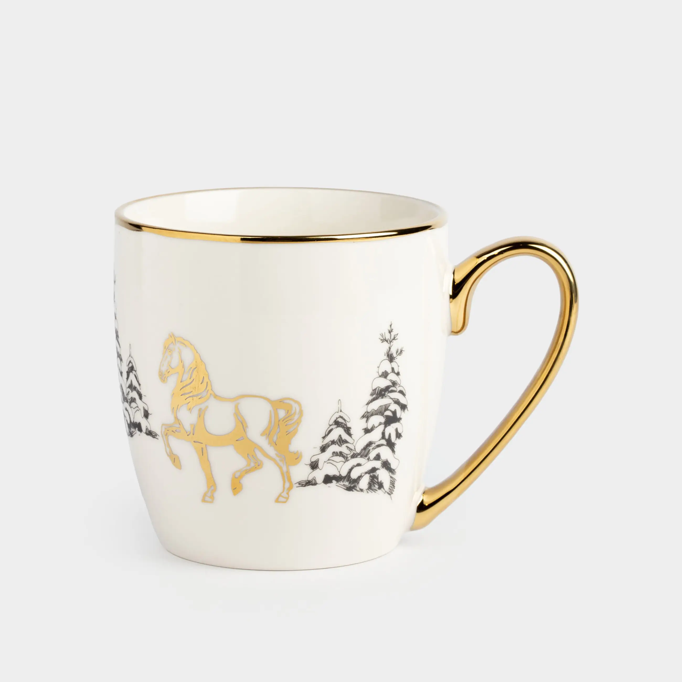 Саптыаяқ, 500 мл, фарфор N, ақ және алтын, Қарлы ормандағы жылқы, Horse gold