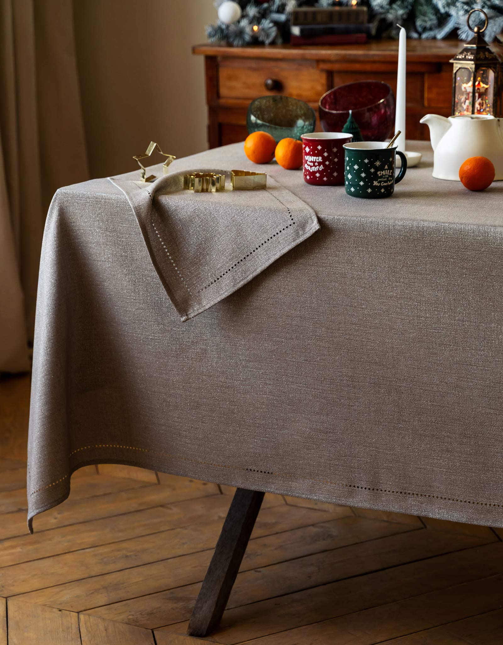 Скатерть, 170х250 см, полиэстер, серо-бежевая, Hemstitch, image-6