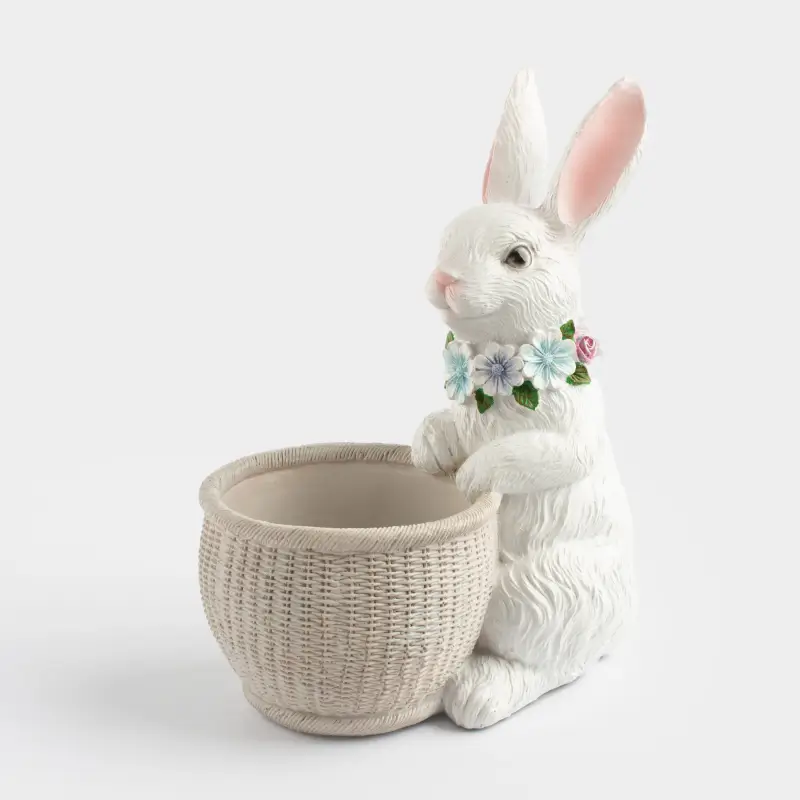 Конфетница, 21x27 см, полирезин, серо-бежевая, Кролик с корзинкой, Easter ,image-0
