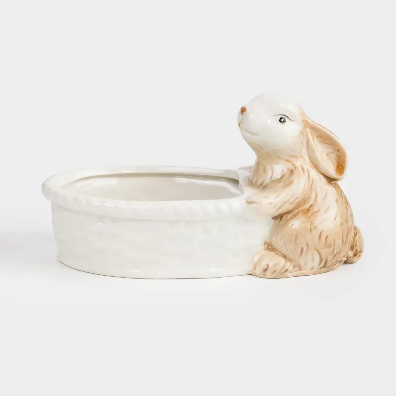 Конфетница, 19х10 см, керамика, молочно-бежевая, Кролик с корзинкой, Natural Easter ,image-0