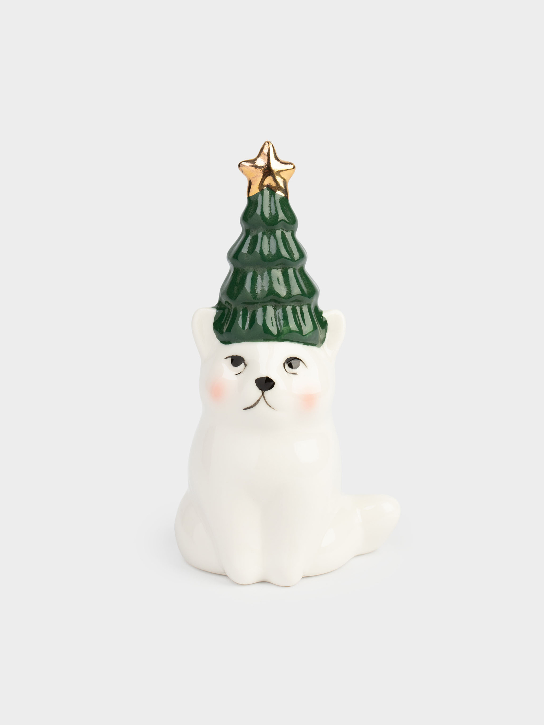 Мүсінше, 12 см, фарфор P, ақ және жасыл, Шыршасы бар мысық, Christmas cat, image-0