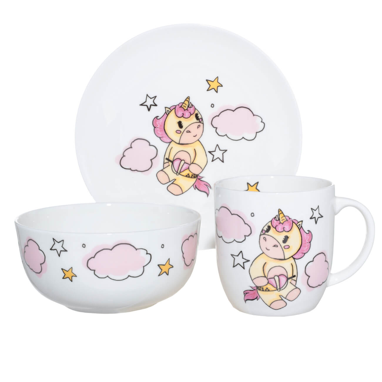 Набор посуды, детский, 3 пр, фарфор F, бело-розовый, Единорог в облаках, Unicorn изображение № 1