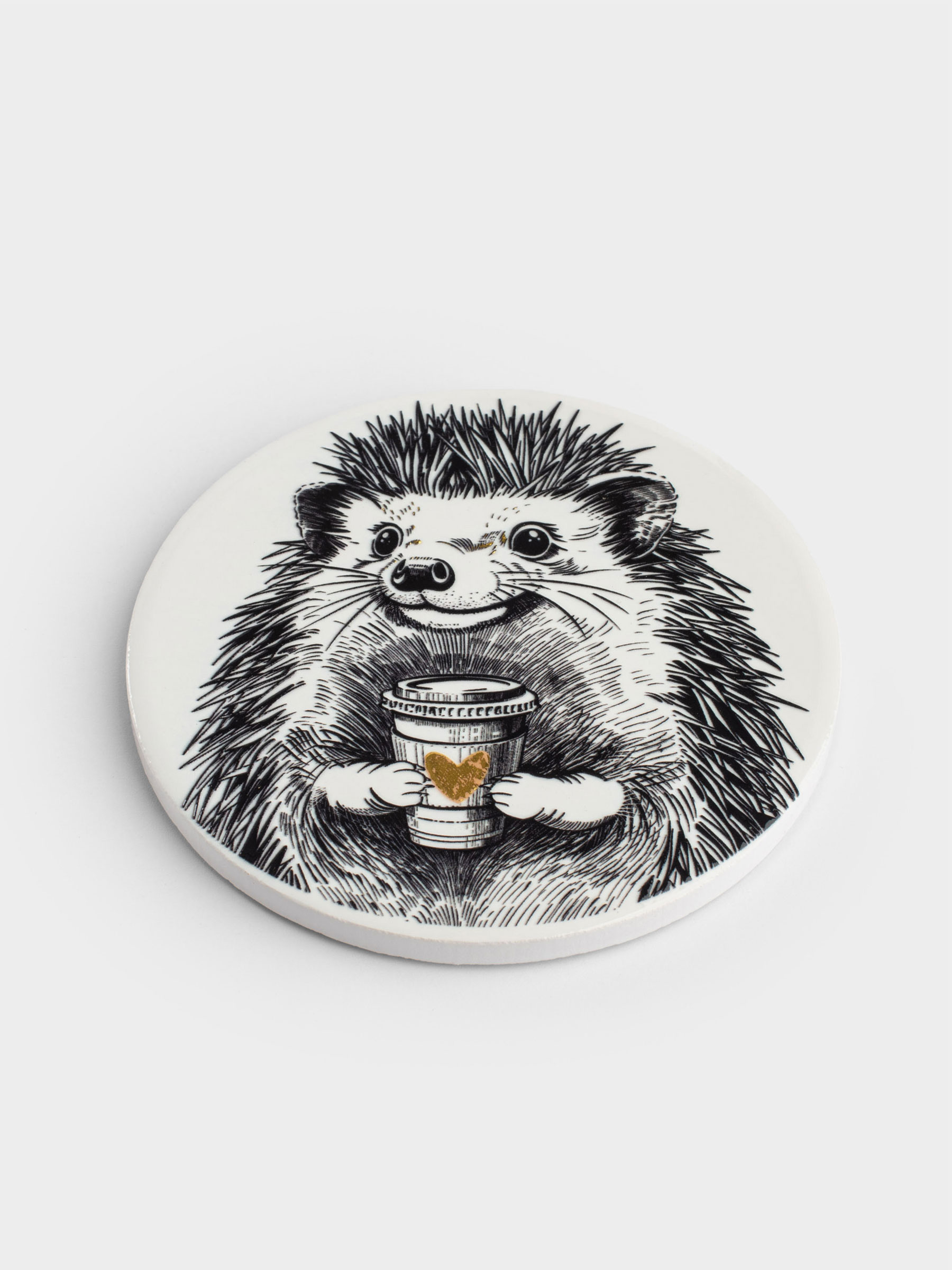 Подставка под кружку, 11 см, круглая, керамика/пробка, белая, Еж с кофе, Forest animals, image-1