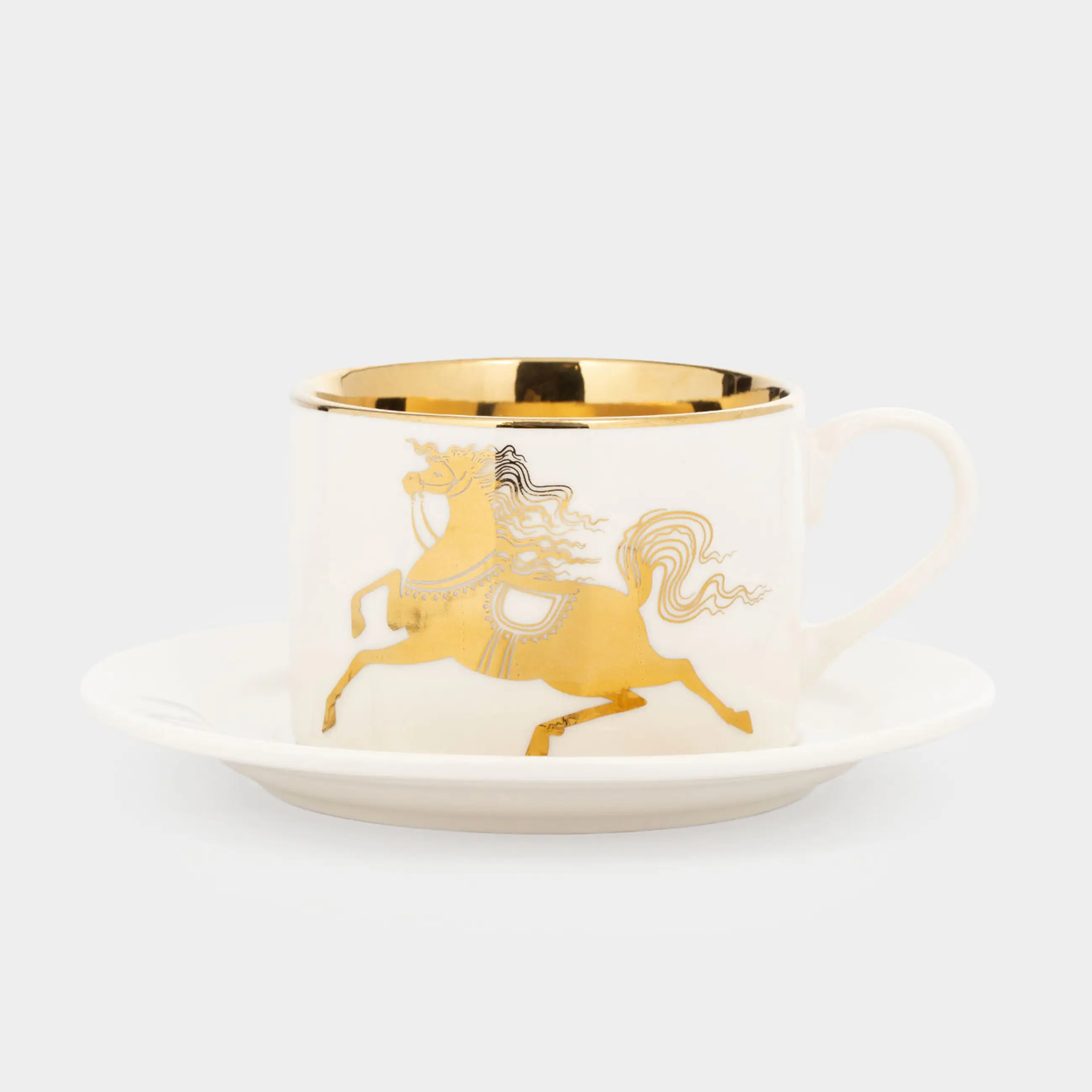 Шай жұбы, 1 адам, 2 зат, 220 мл, фарфор N, ақ-алтын, Жылқы, Horse gold