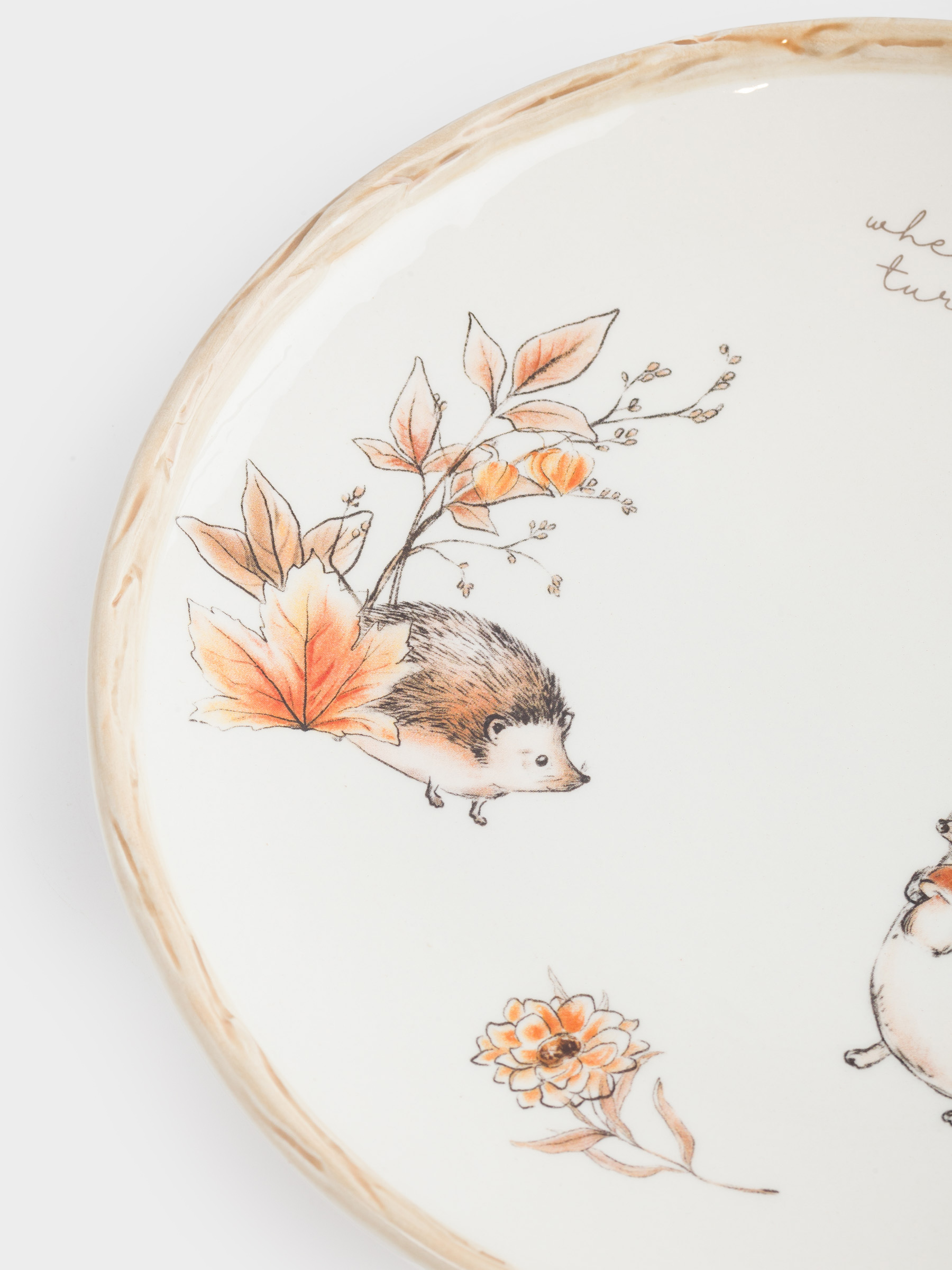 Тарелка закусочная, 22 см, керамика, молочная, Ежи и листья, Forest hedgehogs, image-3