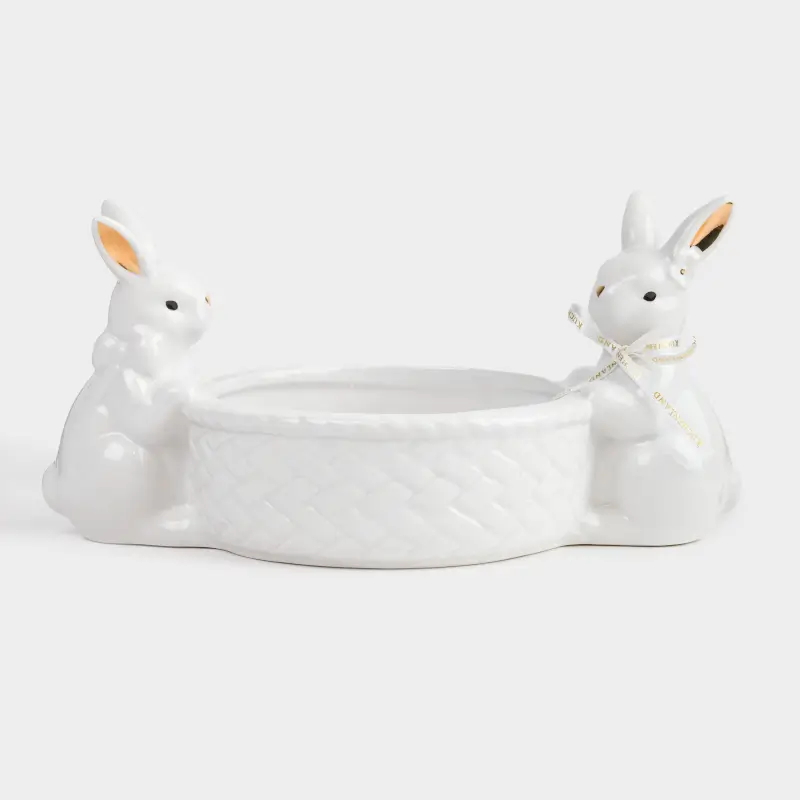 Конфетница, 29х14 см, керамика, бело-золотистая, Кролики с корзиной, Easter gold, image-0
