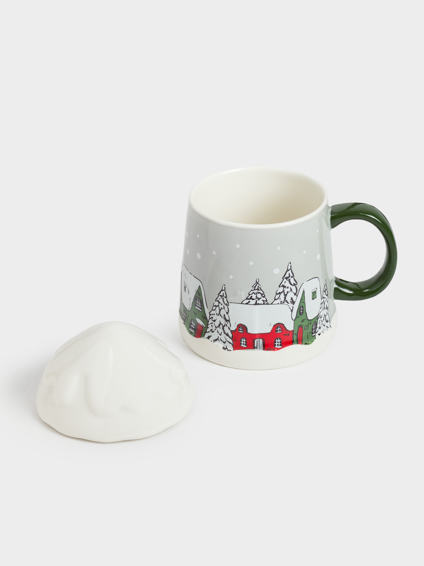 Кружка, 350 мл, с крышкой, фарфор N, серо-зеленая, Дома в снежном лесу, Forest house, image-5