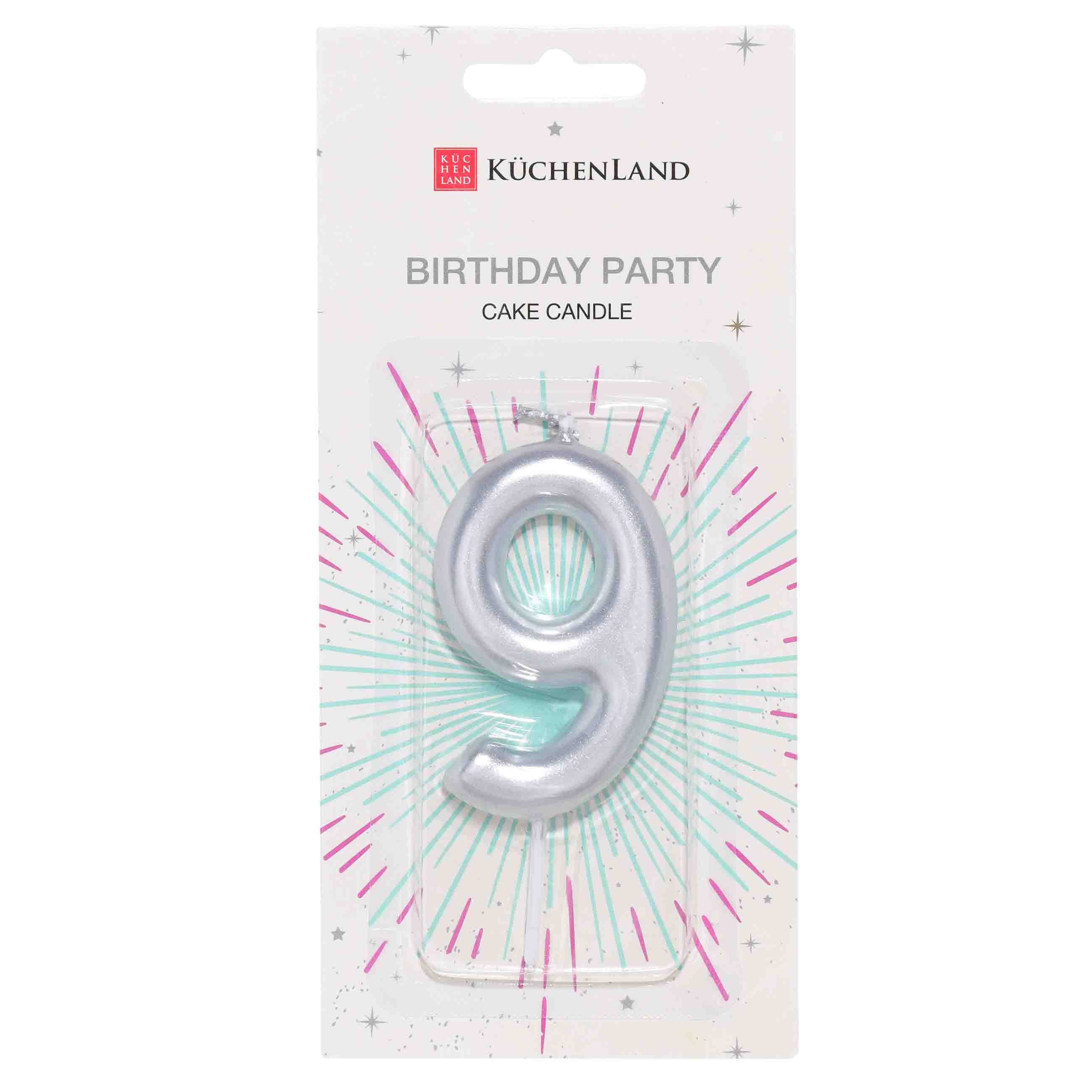 Свеча для торта, 8 см, серебристая, Цифра 9, Birthday party, image-1