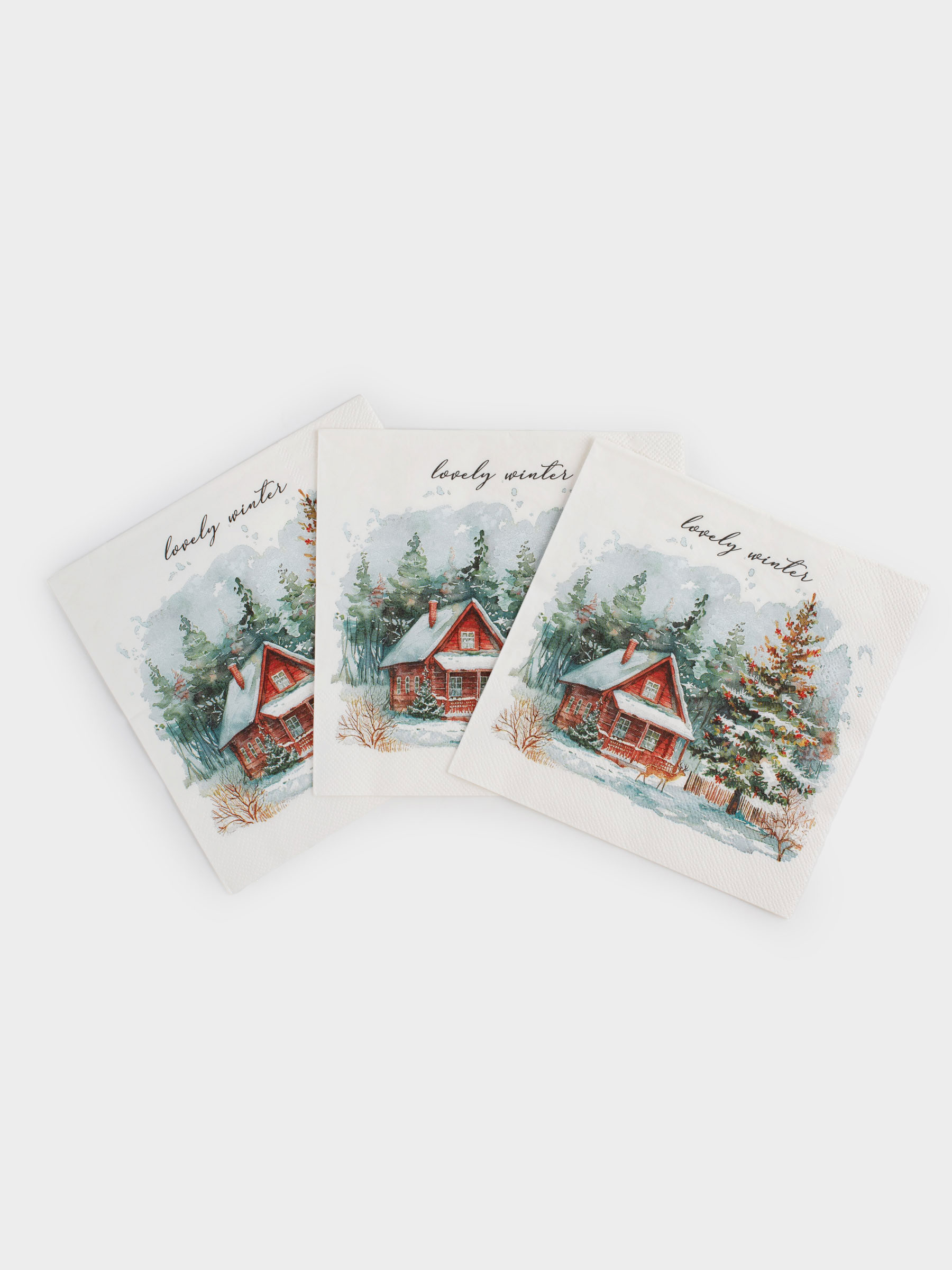 Салфетки бумажные, 33х33 см, 20 шт, квадратные, белые, Дом и олень, Winter house, image-2