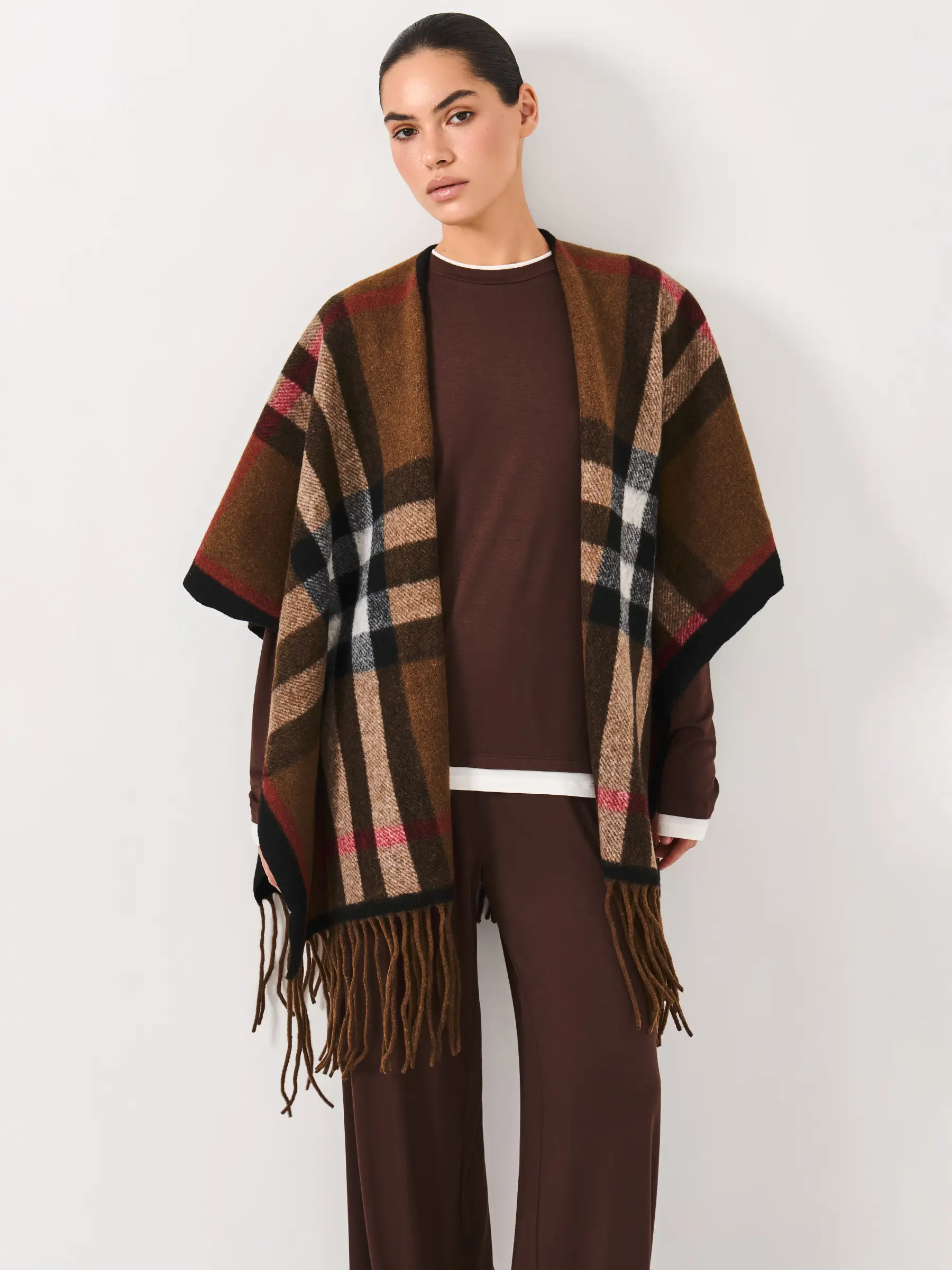 Пончо с бахромой, коричневое, Poncho