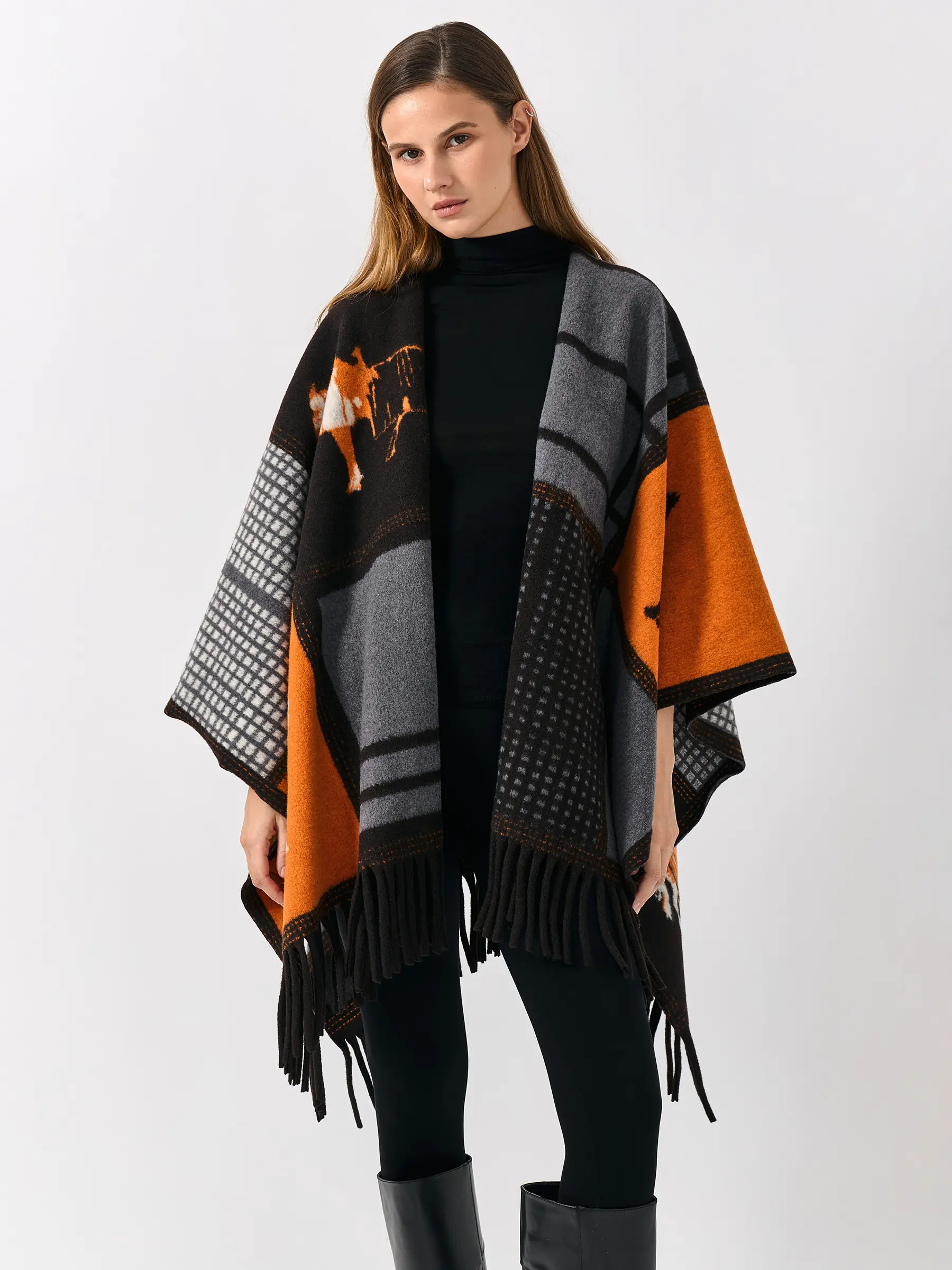 Пончо, 130х160 см, жиегі бар, полиэстер, қара және қызғылт сары, Жылқы, Poncho