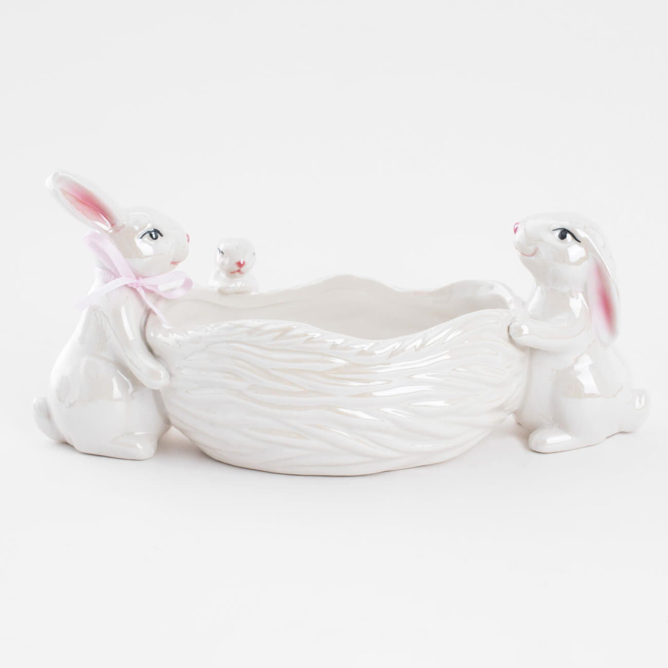Конфетница, 29х13 см, фарфор P, белая, перламутр, Три кролика у корзины, Easter изображение № 1