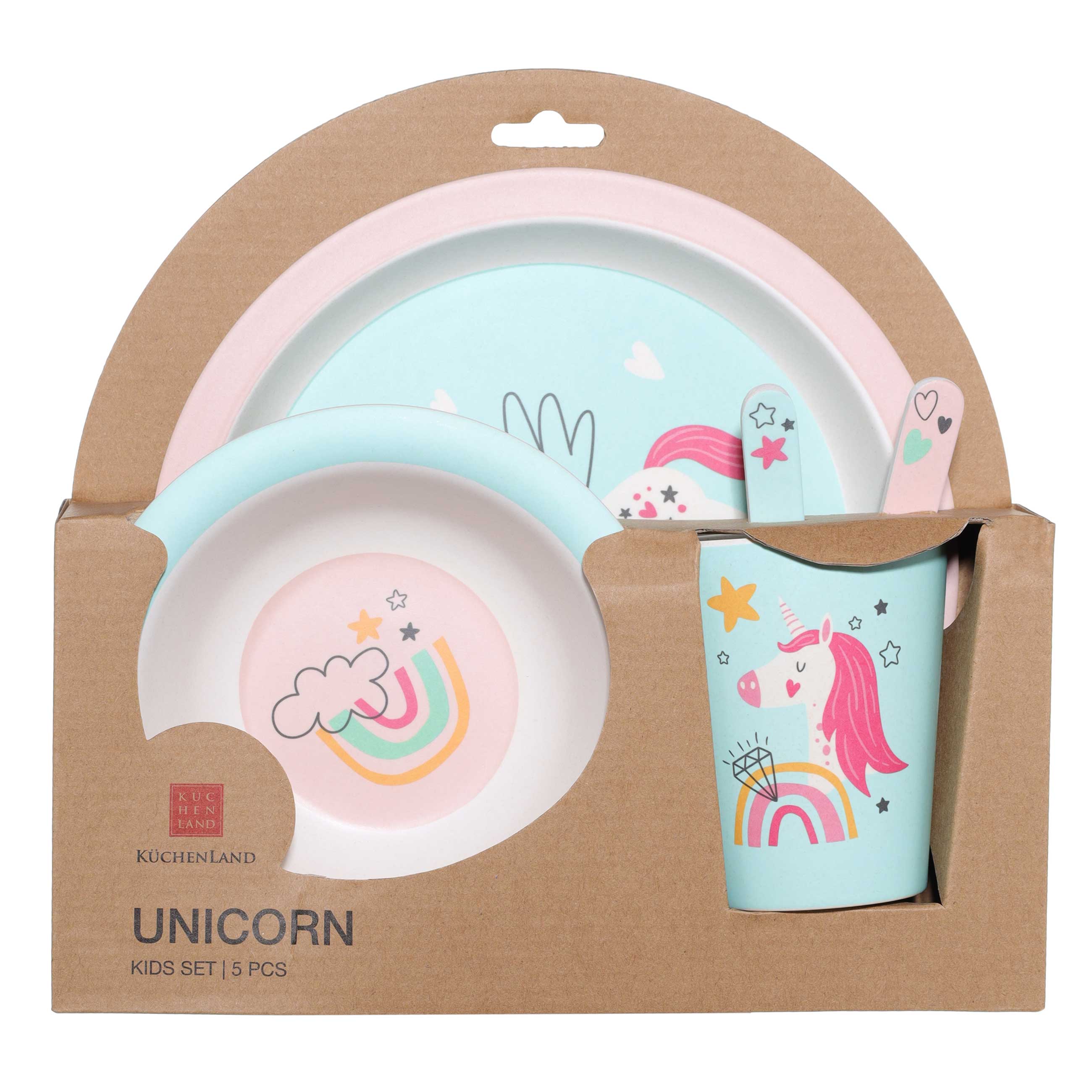 Набор посуды, детский, 5 пр, бамбук, розово-мятный, Единорог и радуга, Unicorn изображение № 8