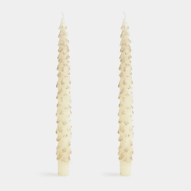 Свеча, 25 см, 2 шт, тонкая, с блестками, молочная, Ель, Fir candle ,image-0