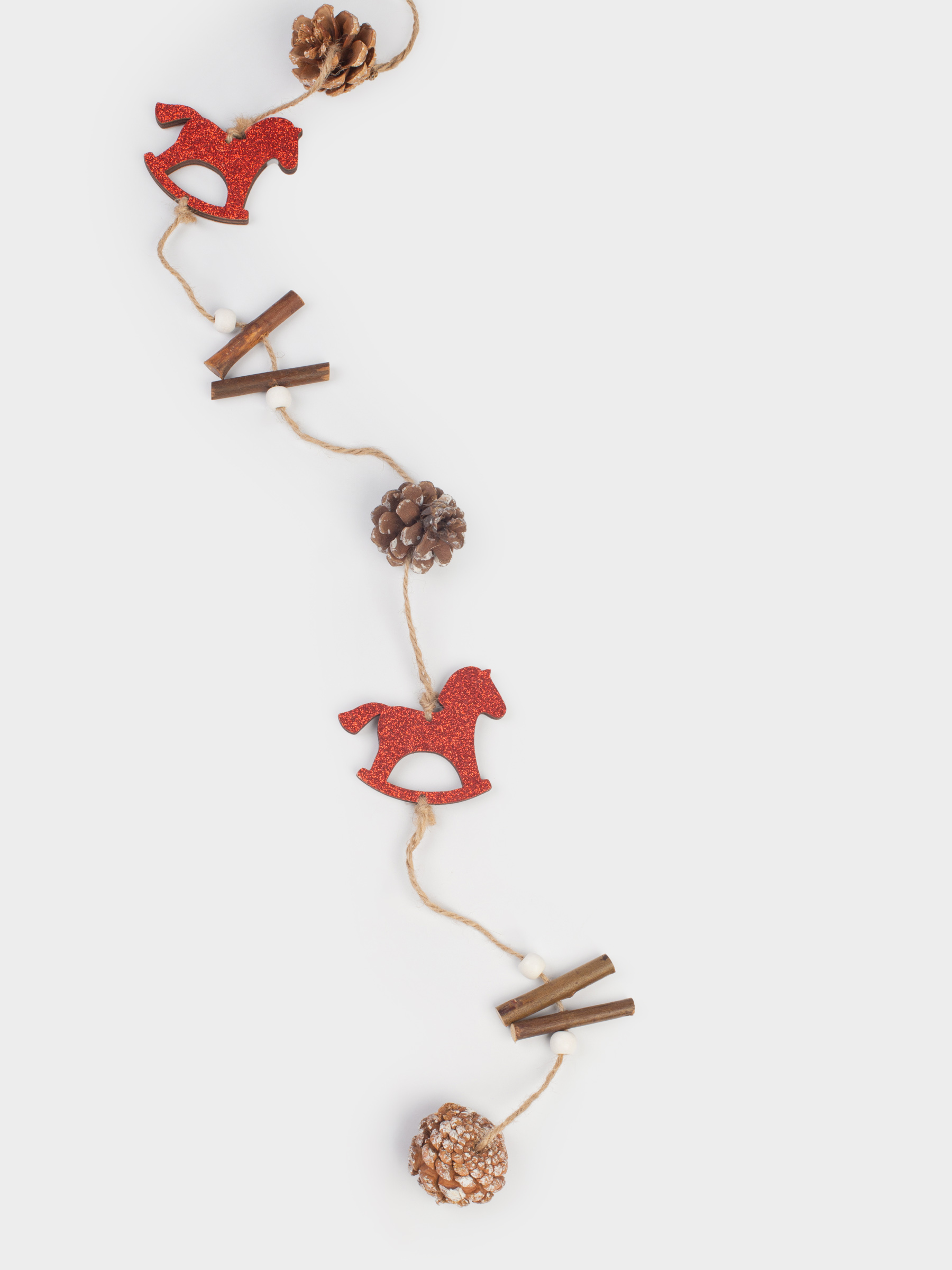 Сәндік гирлянд, 1 м, ағаш, жылтырақтары бар, Шырша бүршіктері бар жылқылар, Figure wood, image-1