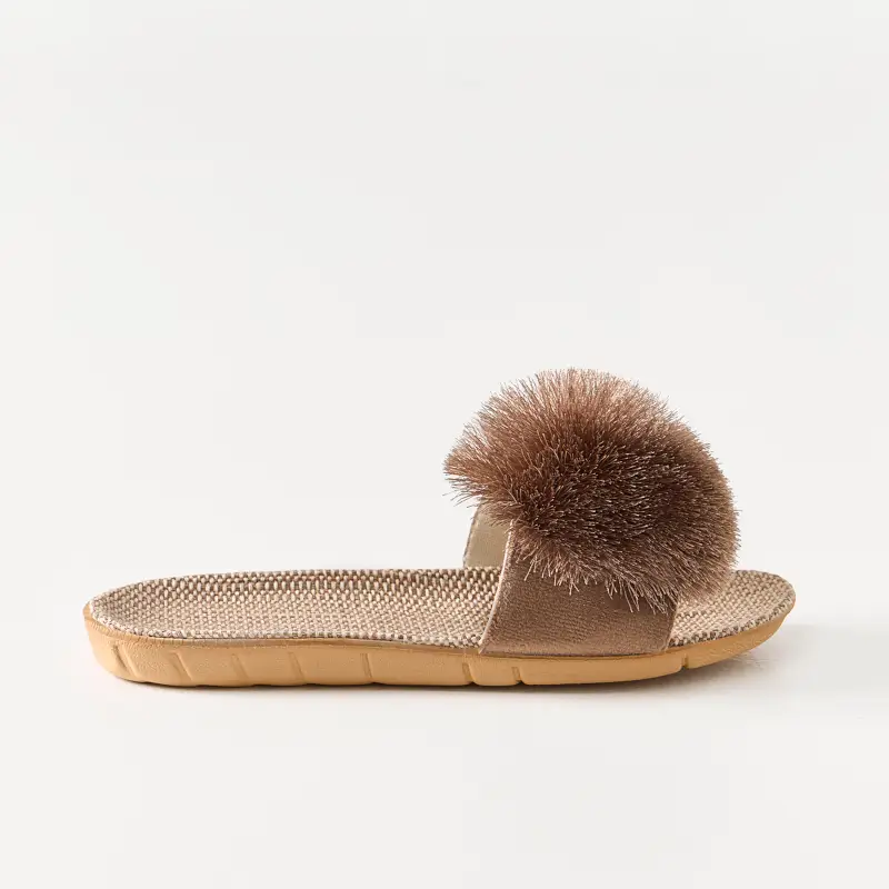 Тапочки женские, коричневые, Pompon ,image-0