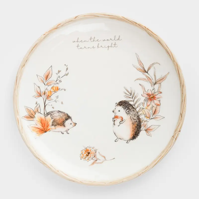 Тарелка закусочная, 22 см, керамика, молочная, Ежи и листья, Forest hedgehogs