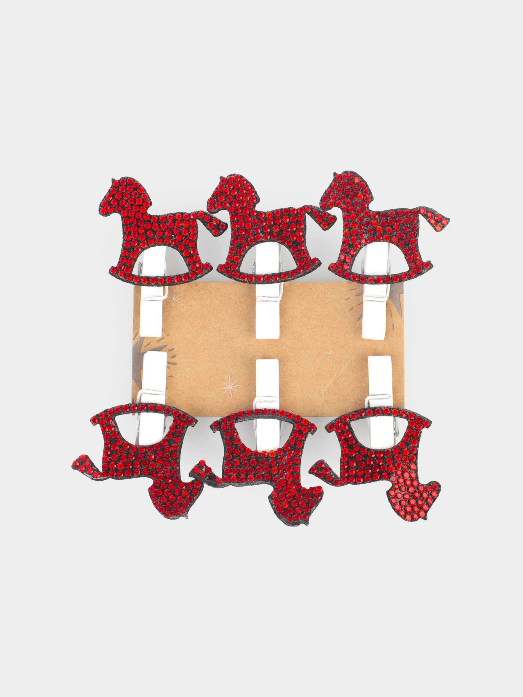 Сәндік қыстырғыш, 3 см, 6 дана, страздары бар, ағаш, қызыл, Жылқы, Figure wood, image-2