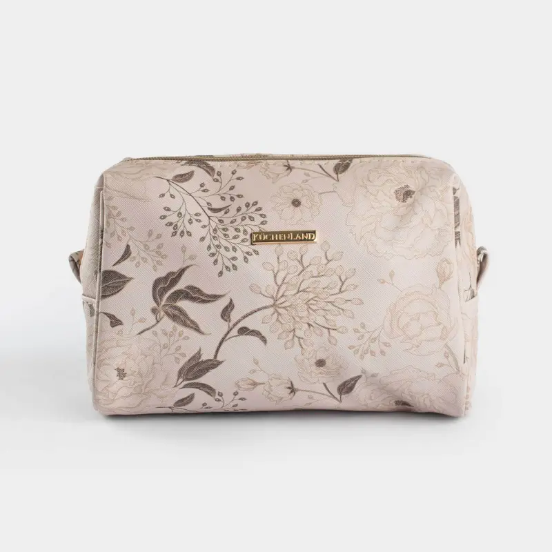 Косметичка, 21х13 см, полиуретан, бежевая, Коричневые цветы, Brown flowers