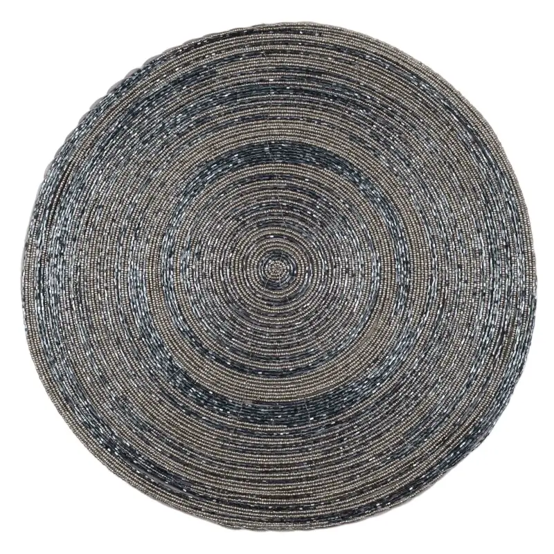 Салфетка под приборы, 36 см, бисер, круглая, серебристо-синяя, Спираль, Rotation beads ,image-0