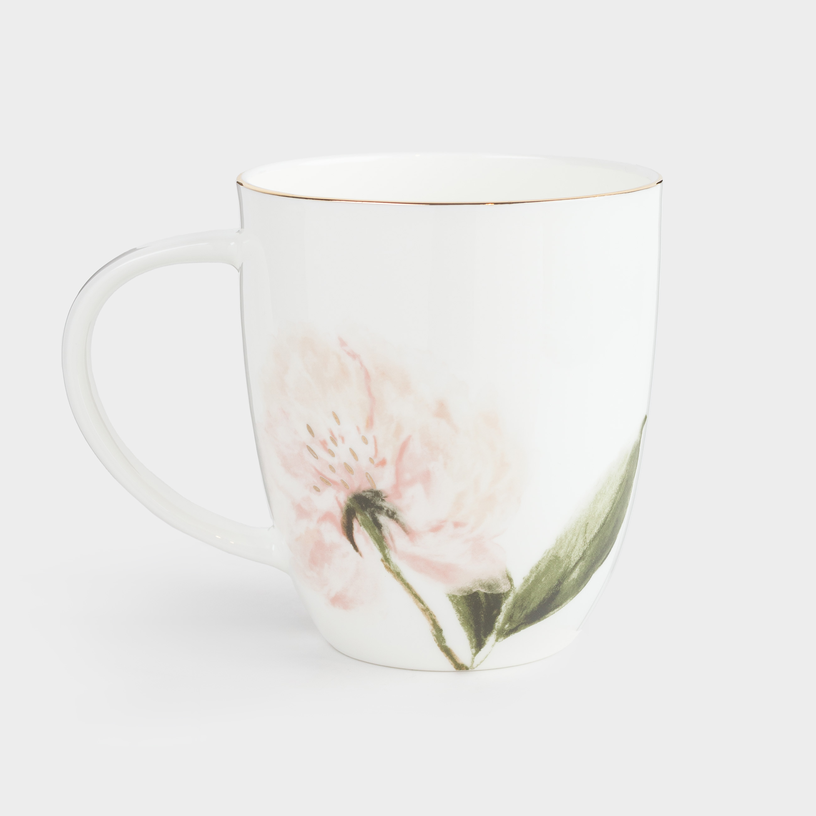 Кружка, 420 мл, фарфор F, белая, с золотистым кантом, Кролик и цветок, Peony gold, image-1