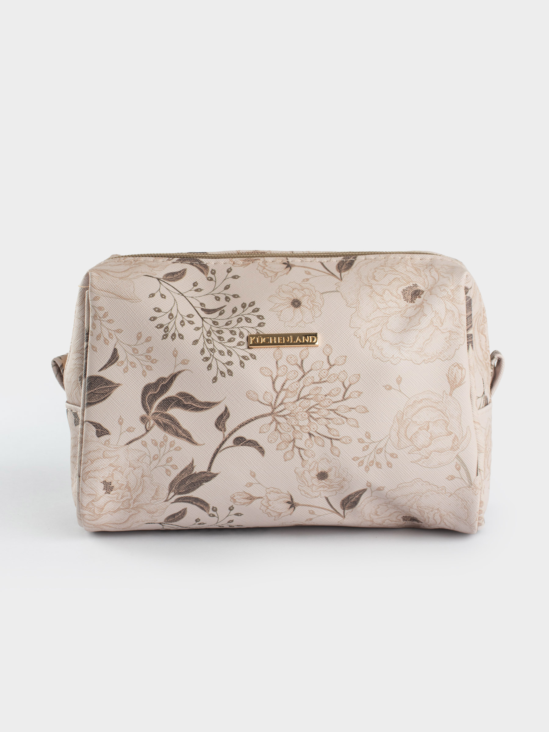 Косметичка, 21х13 см, полиуретан, бежевая, Коричневые цветы, Brown flowers, image-0