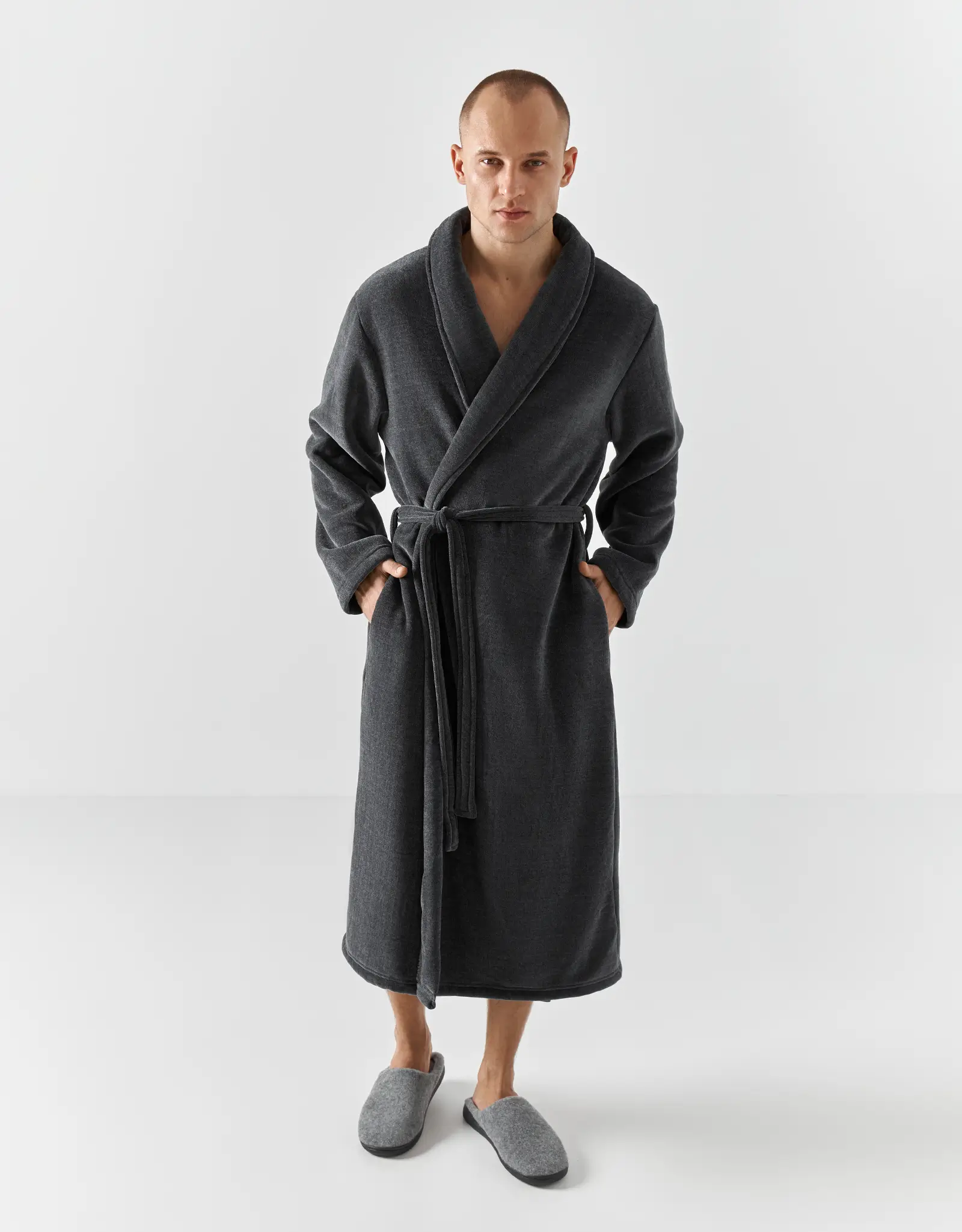 Халат мужской, с длинным рукавом, шенилл/мех, серый, Jesse