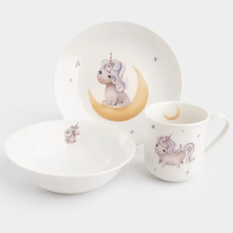 Набор посуды, детский, 1 перс, 3 пр, фарфор N, белый, Единорог и месяц, Unicorn