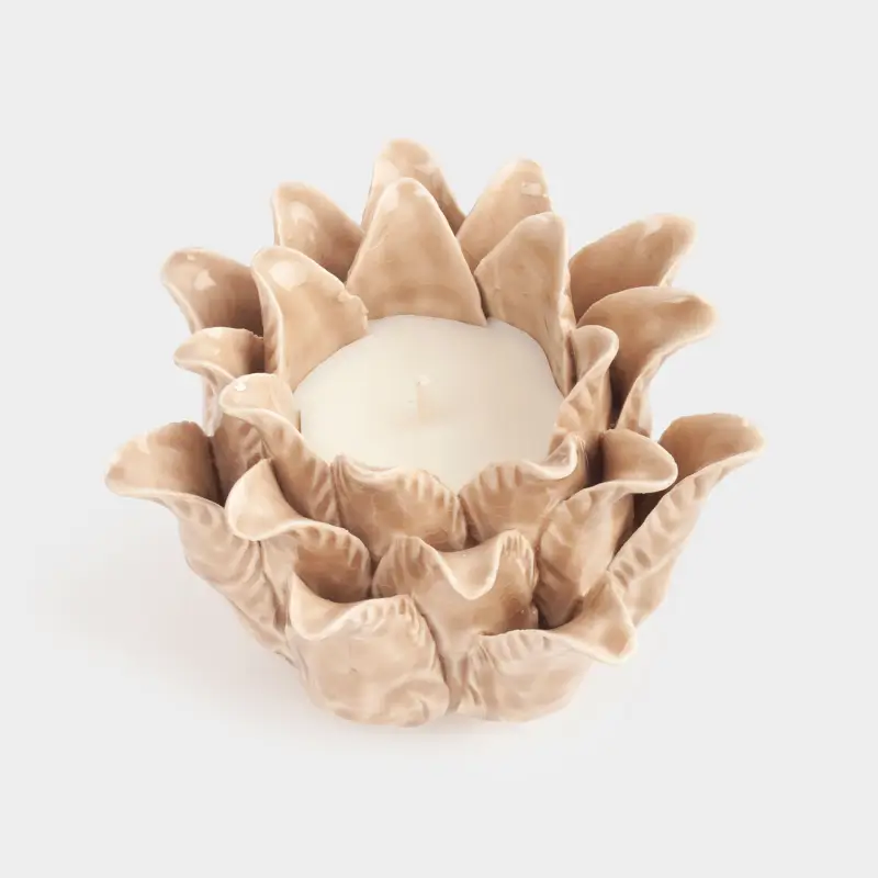 Свеча ароматическая, 7 см, в подсвечнике, керамика, бежевая, Beach musk, Цветок, Rose ,image-0