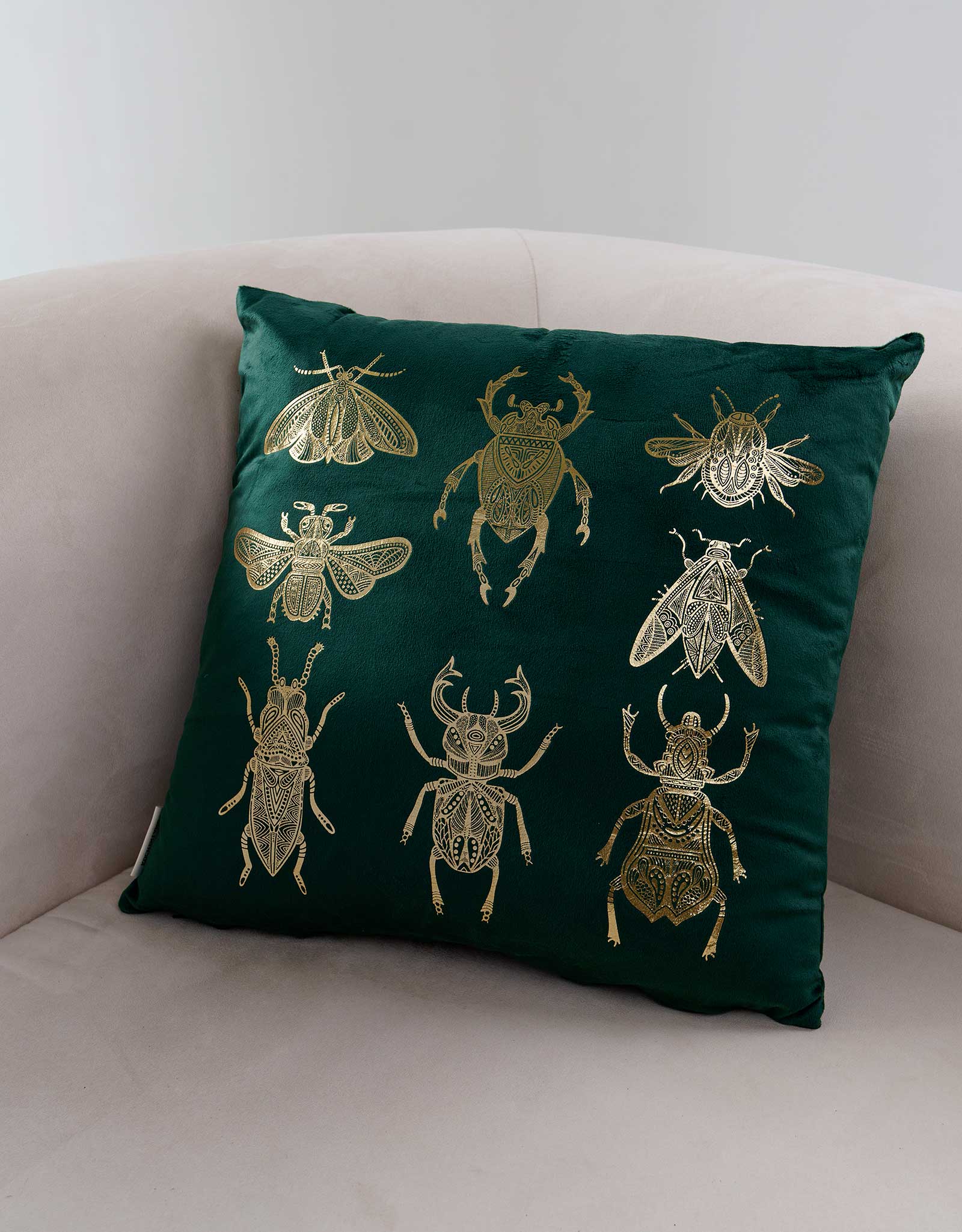 Подушка декоративная, 45х45 см, вельвет, зеленая, Жуки, Bugs, image-0