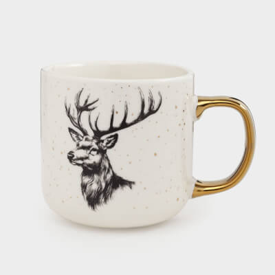 Кружка, 400 мл, фарфор N, бело-золотистая, в крапинку, Олень, Deer, image-0
