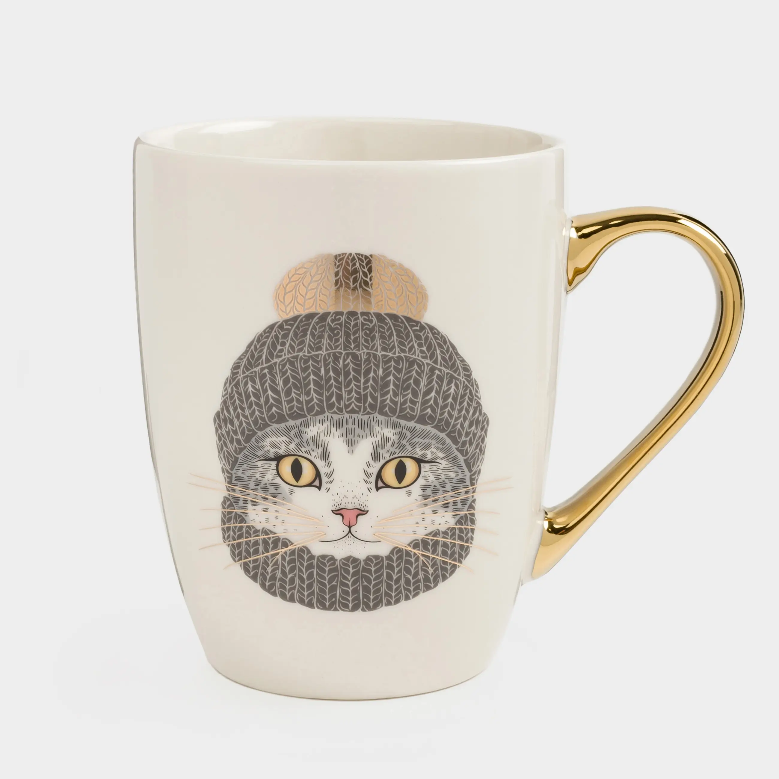 Кружка, 350 мл, фарфор N, бело-золотистая, Кот в шапке и шарфе, Cat, image-0