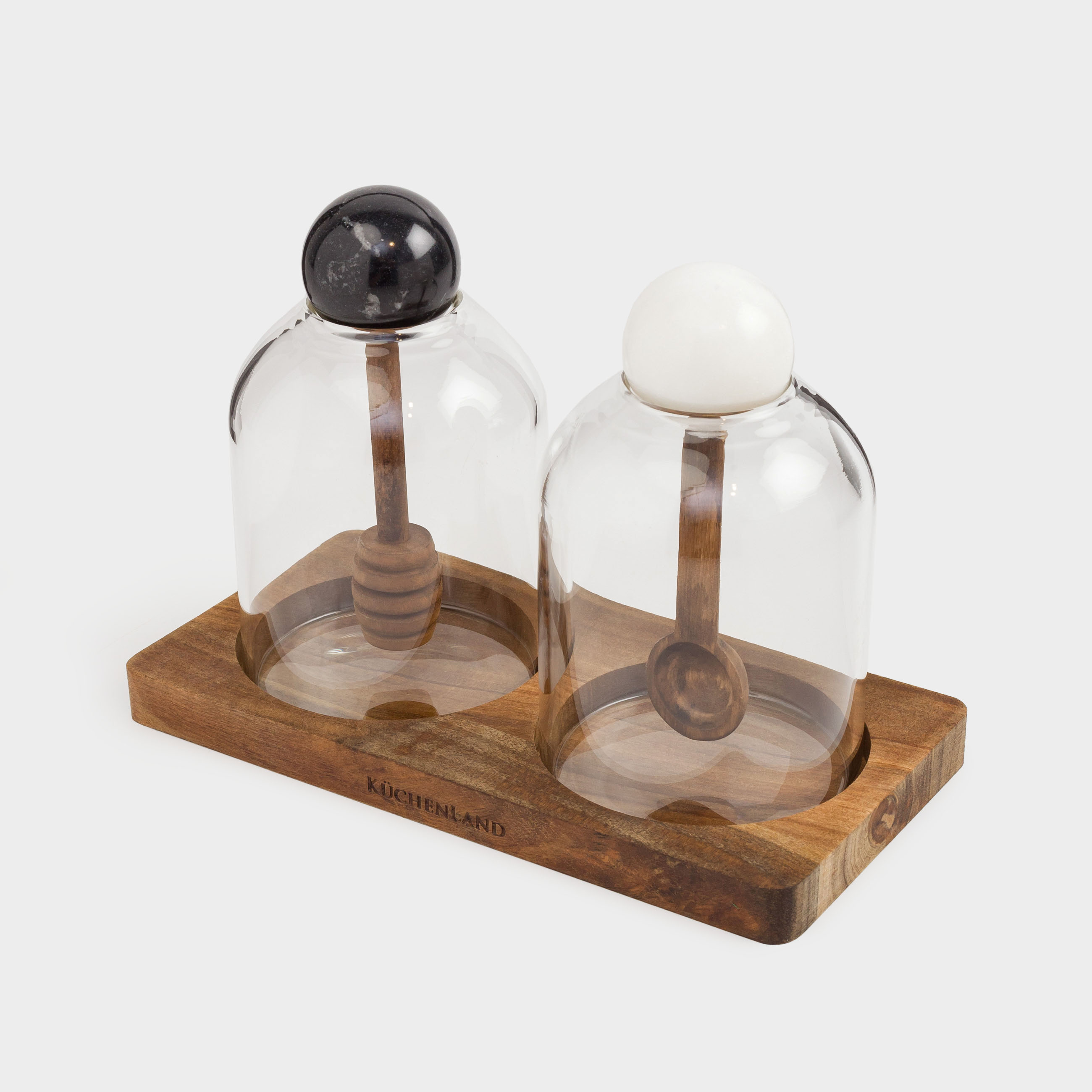 Набор банок, 350 мл, 2 шт, на подставке, с ложками, стекло/дерево/мрамор, Marble, image-1