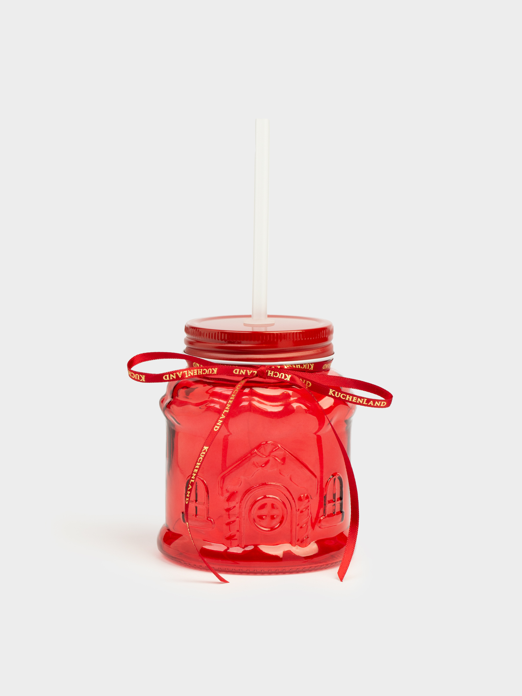 Сусындарға арналған құты, 600 мл, қақпағы мен түтігі бар, шыны, қызыл, Үй, Christmas house, image-0