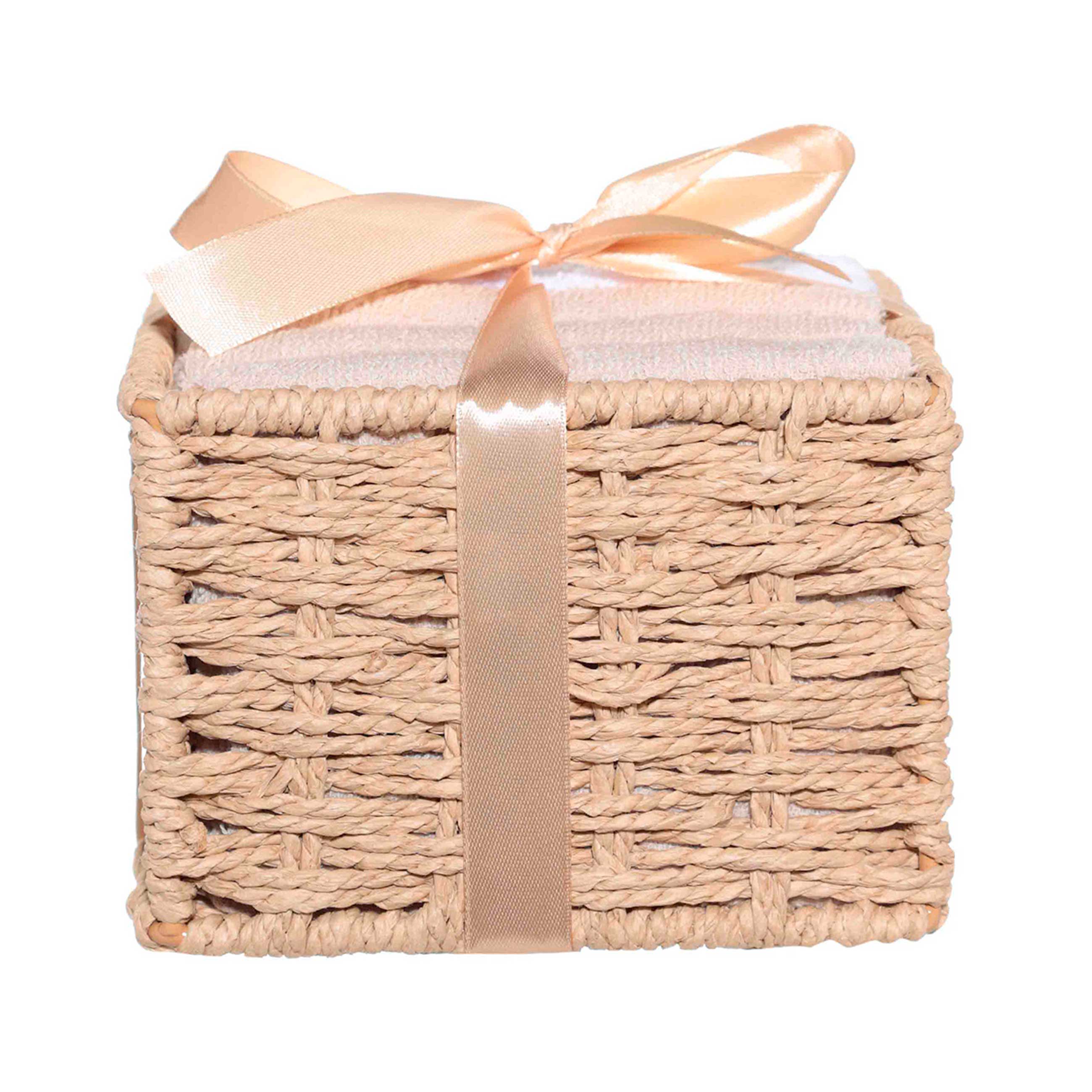 Полотенце, 30х30 см, 6 шт, в корзине с бантом, хлопок, бежевое/белое, Basket towel, image-0