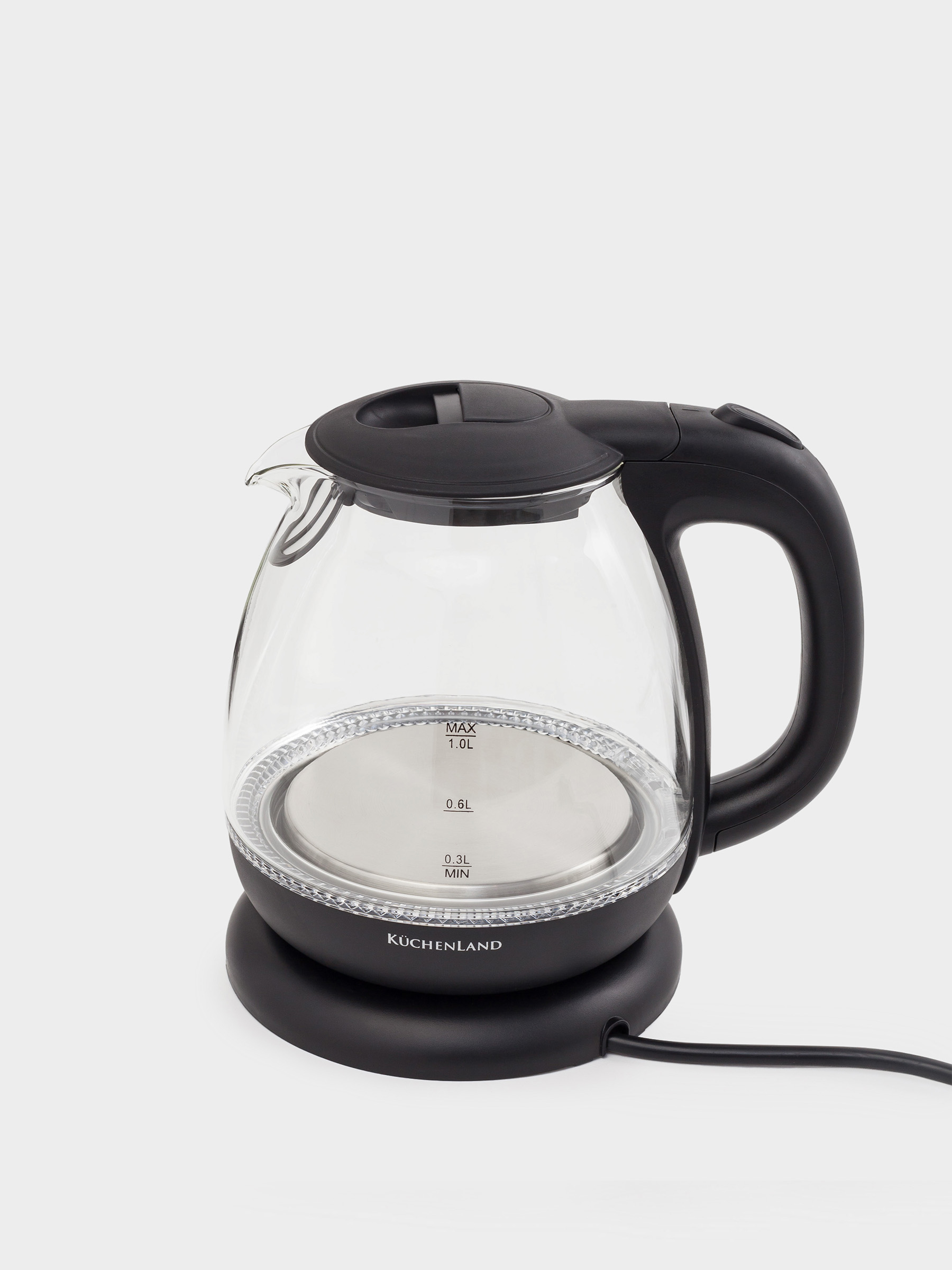 Чайник электрический, 1 л, 900-1100 Вт, стекло Б/пластик, с подсветкой, черный, Progress plus, image-1
